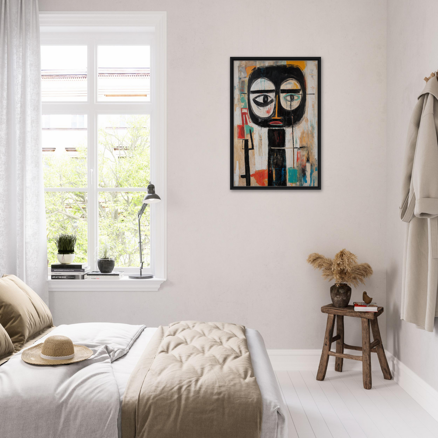 Bright minimalist bedroom featuring striking abstract portrait for Subconscious Expression Voyage