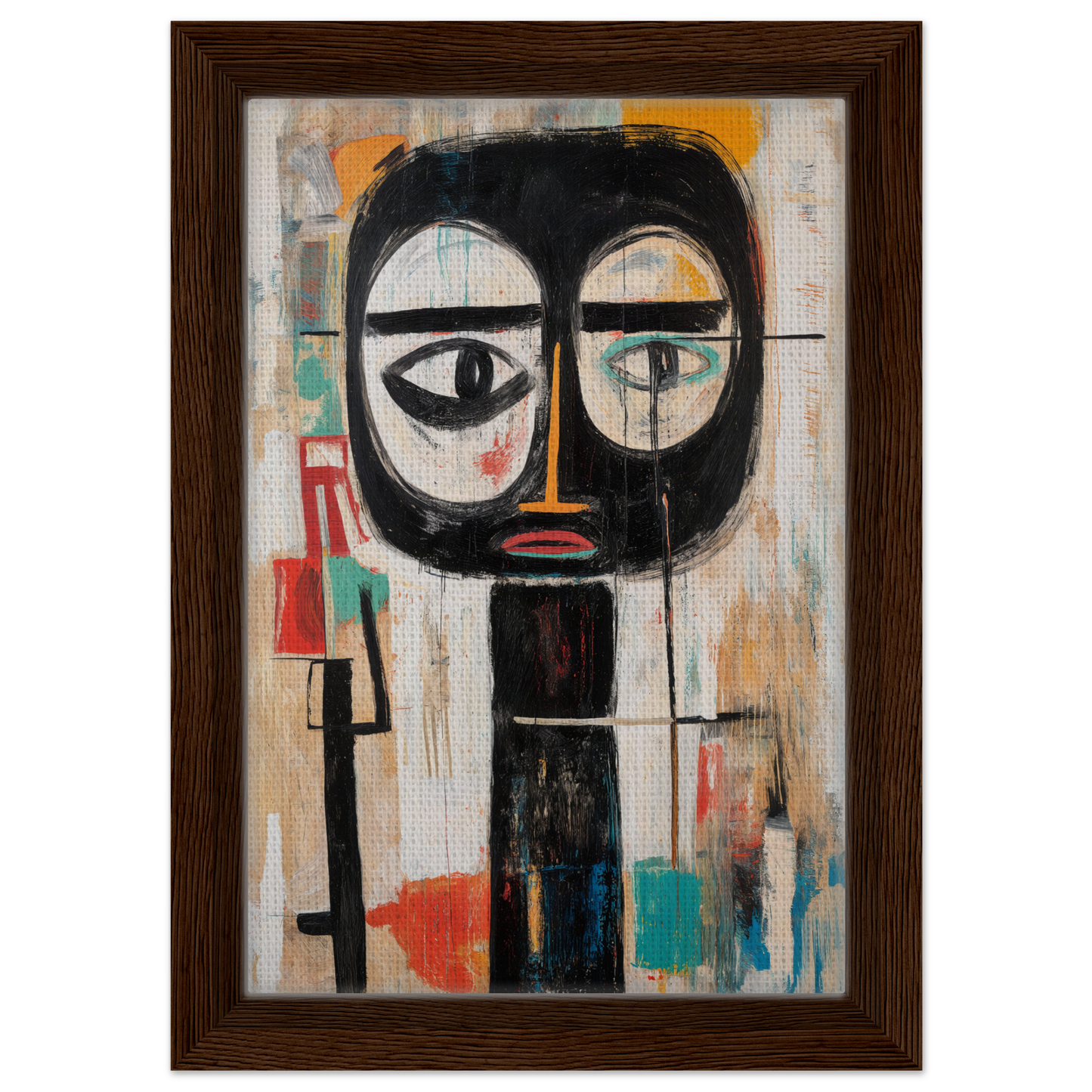Stylized abstract face with large eyes on textured background for Subconscious Expression Voyage