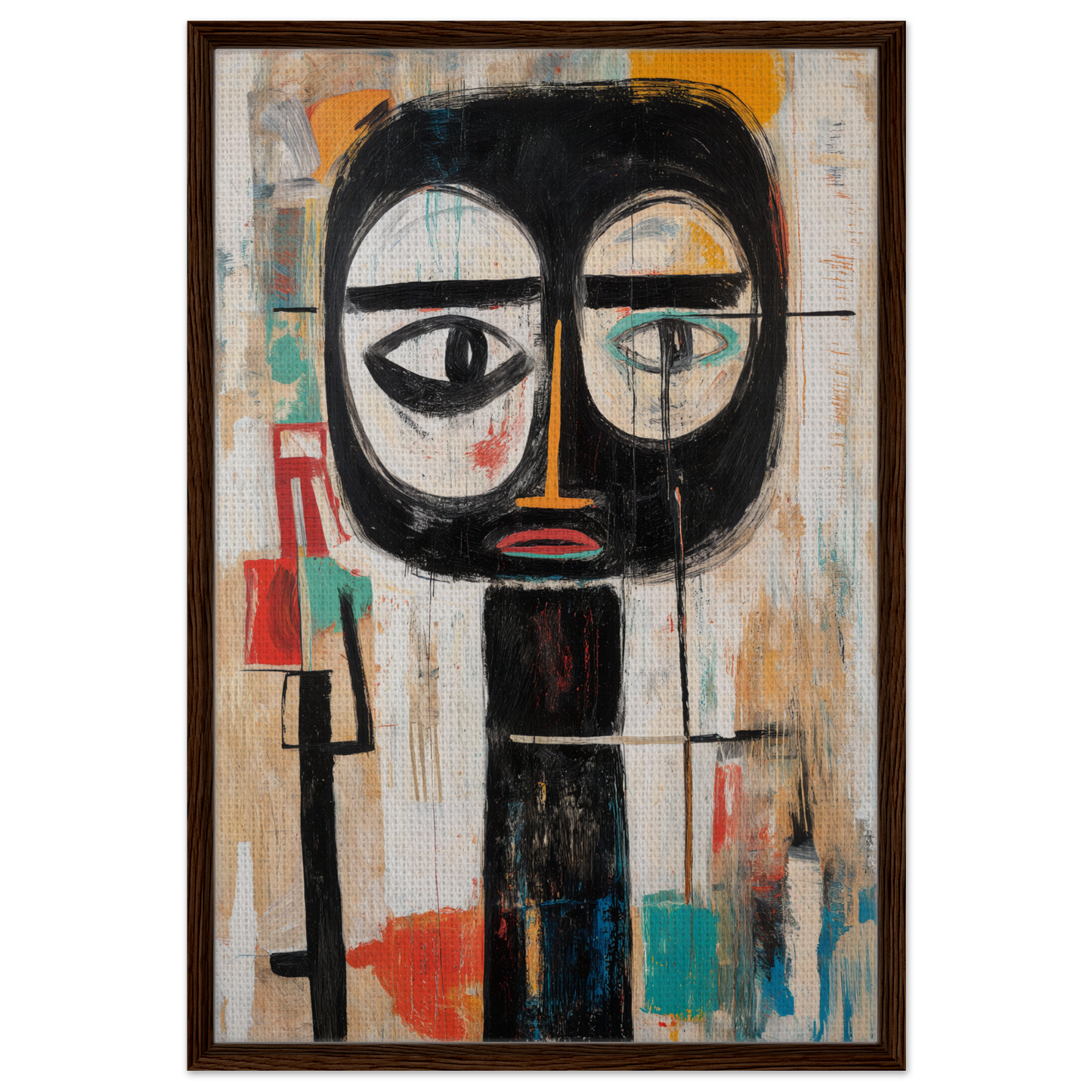 Abstract portrait painting showcasing large eyes and geometric shapes for Subconscious Expression Voyage room decor