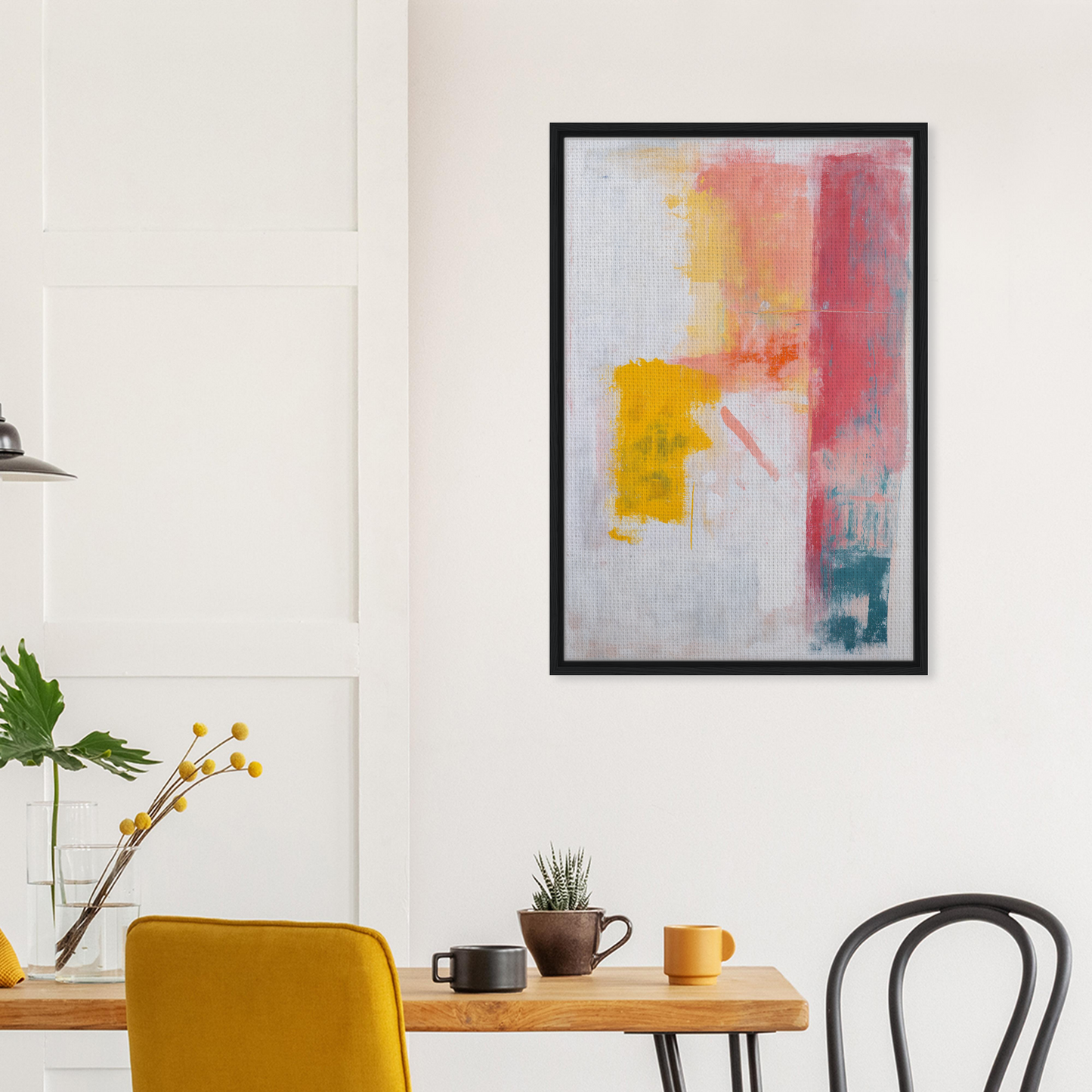 Abstract painting featuring vibrant yellow, pink, and white in Framed Canvas Art Subconscious Symphony Hue