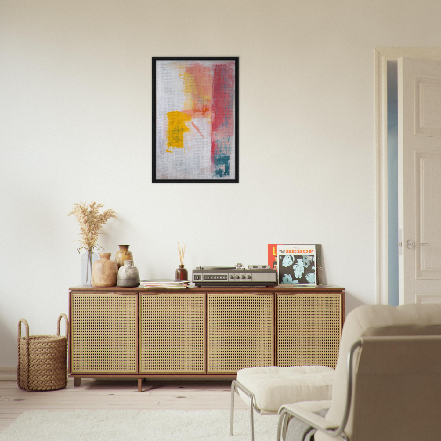 Wooden sideboard with cane-webbed doors and decorative items for Subconscious Symphony Hue room decor