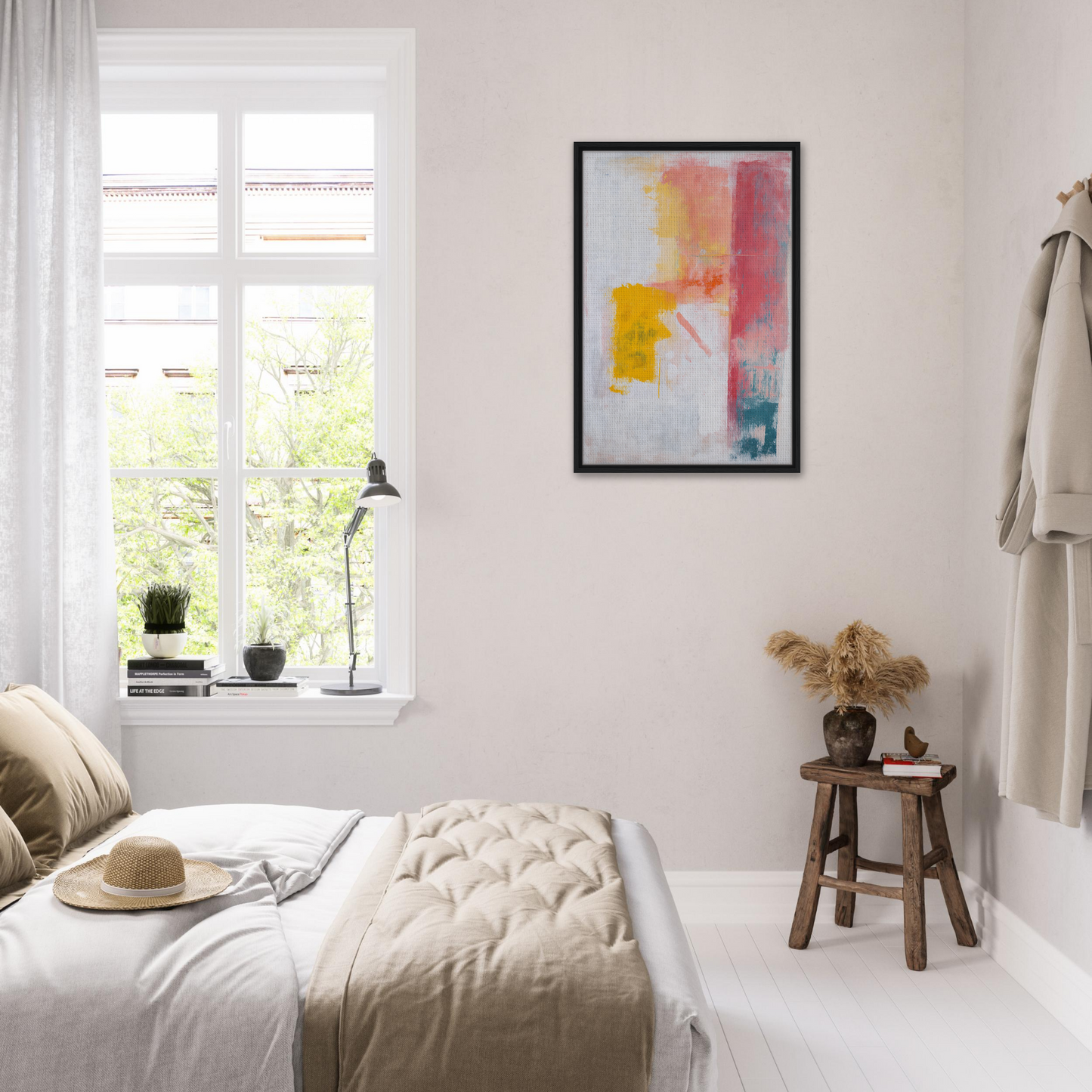 Bright, airy bedroom featuring Subconscious Symphony Hue framed canvas art as room decor