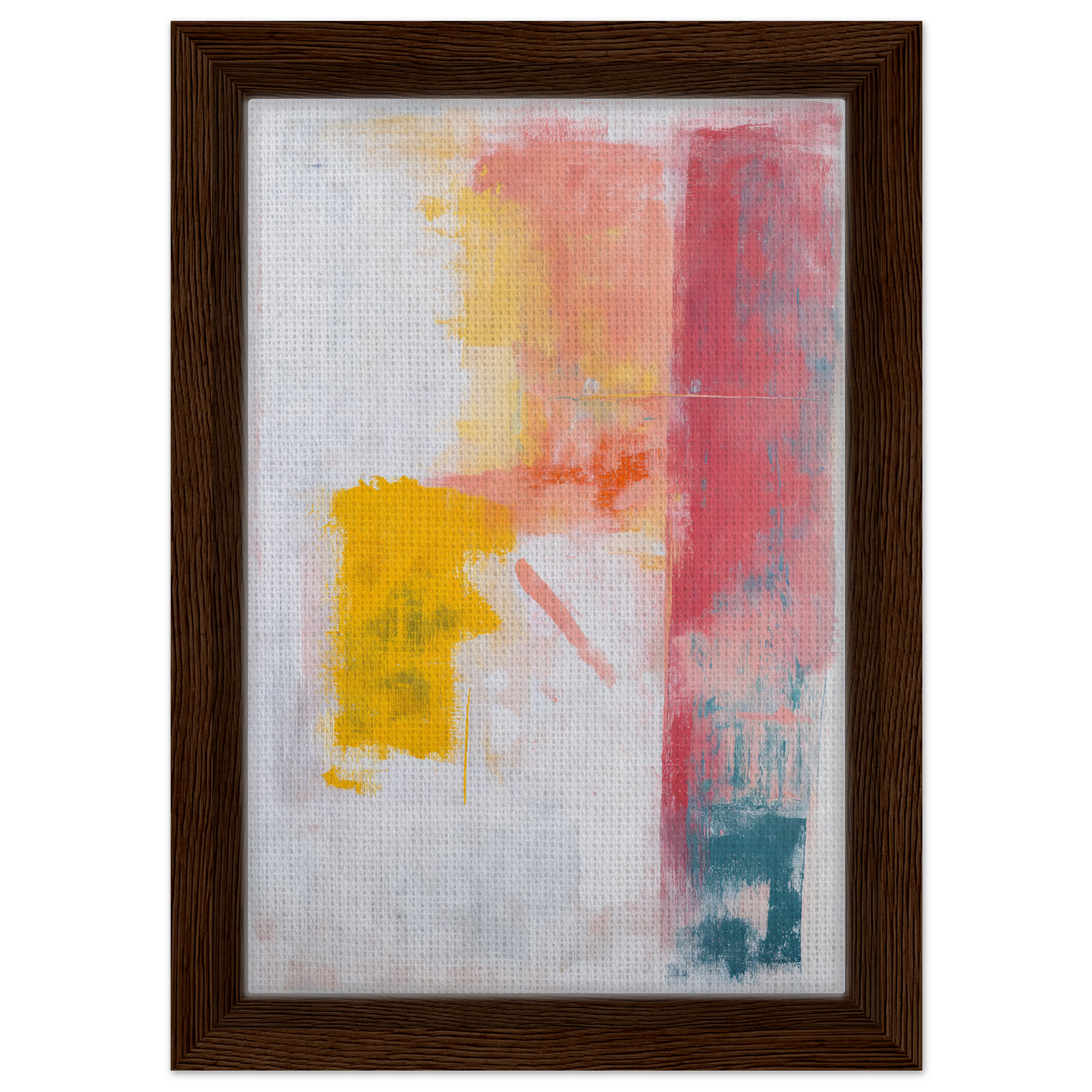 Abstract painting in soft pink, yellow, and teal on framed canvas art for room decor