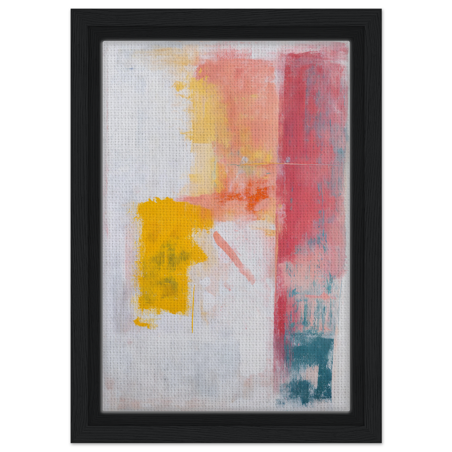 Abstract painting in soft pink, yellow, and teal for Subconscious Symphony Hue framed canvas art