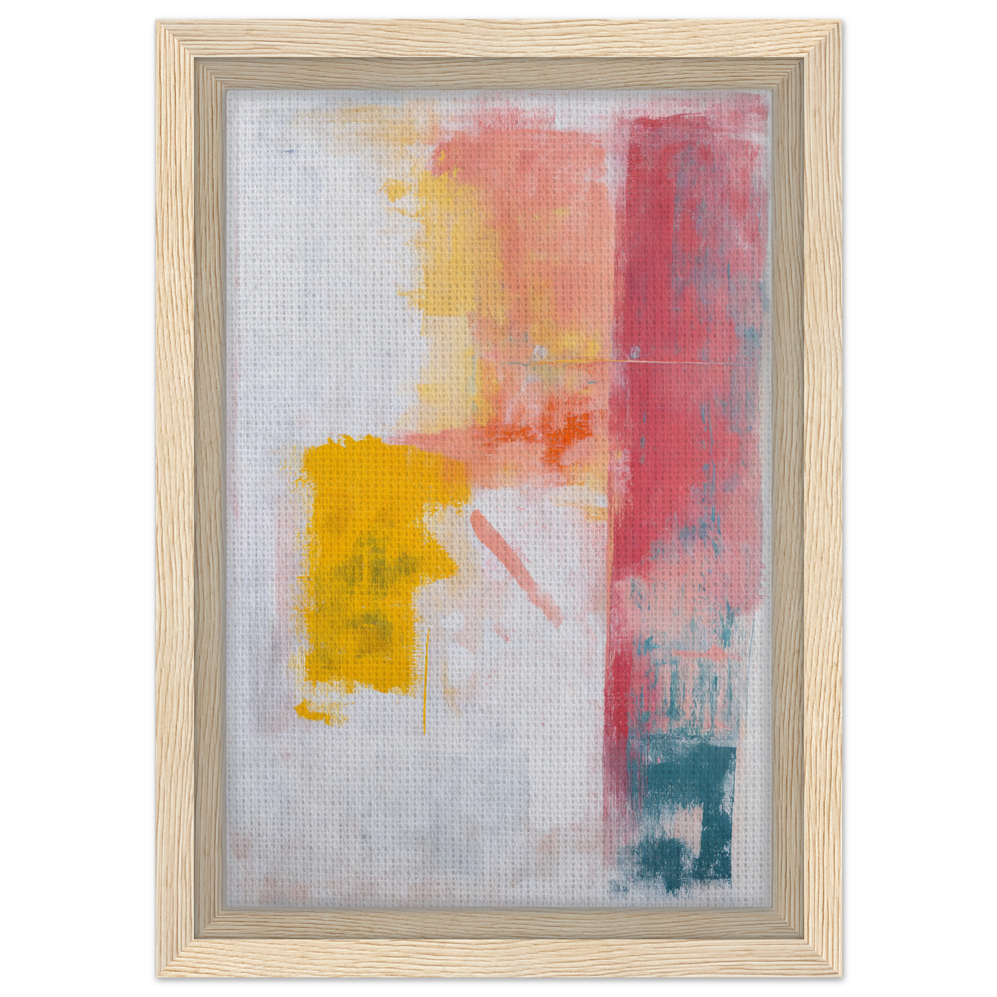 Abstract painting in soft pink, yellow, and teal for Subconscious Symphony Hue framed canvas art