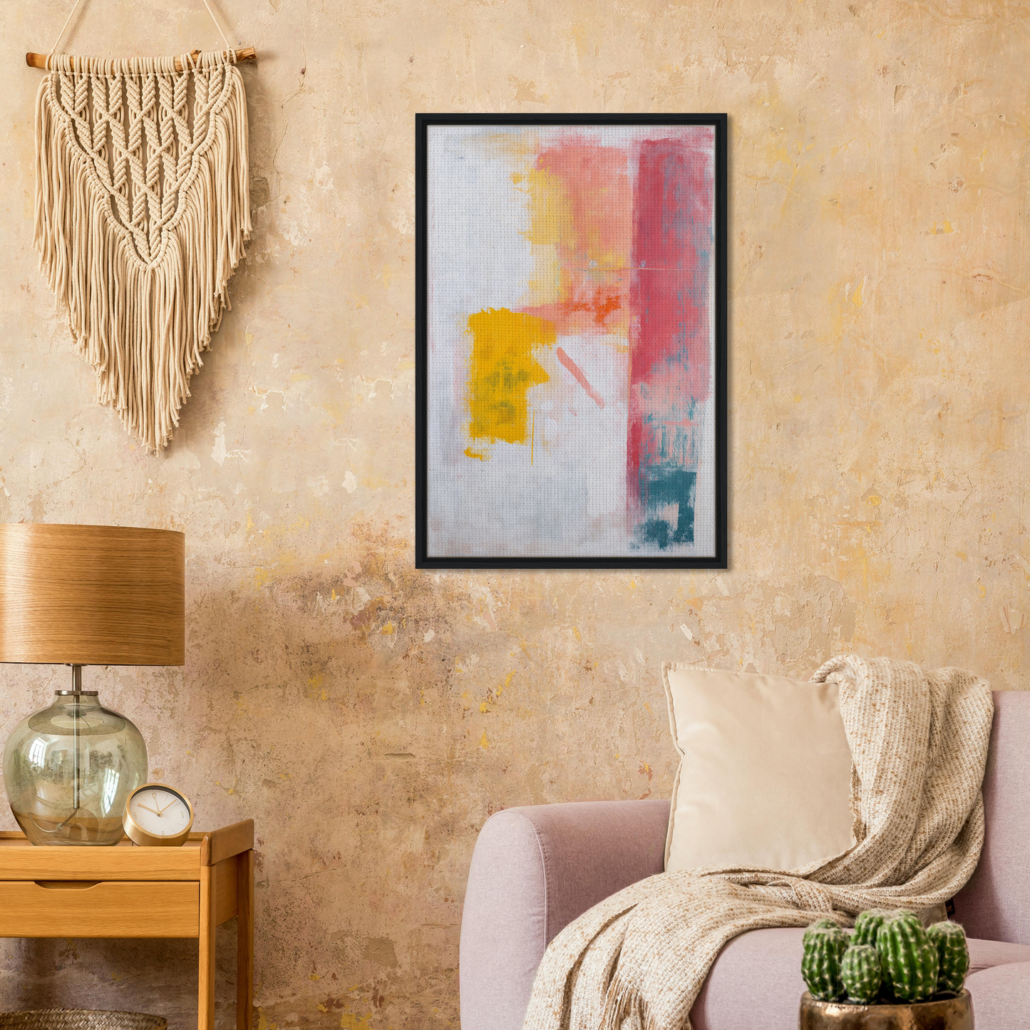 Framed canvas art titled Subconscious Symphony Hue featuring pink, yellow, and teal brushstrokes