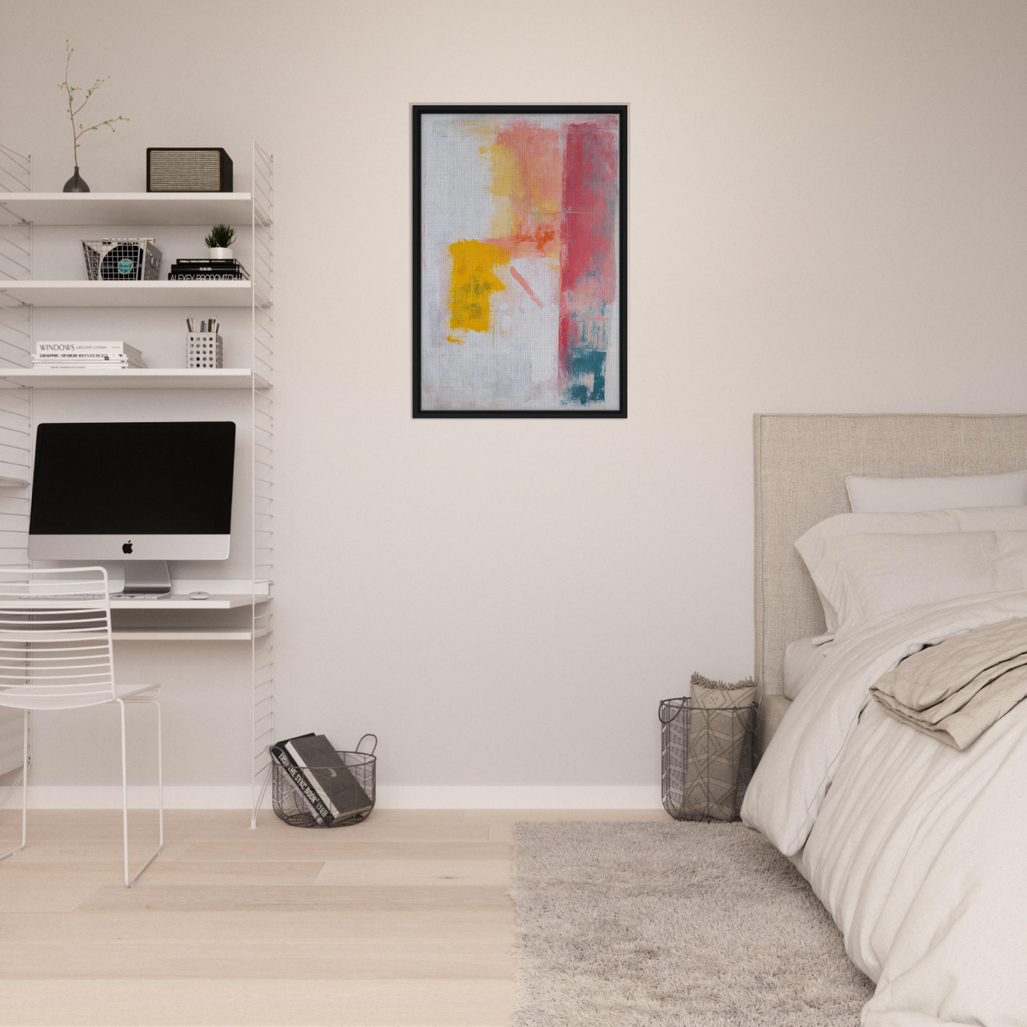 Modern bedroom decor featuring Subconscious Symphony Hue framed canvas art as focal point