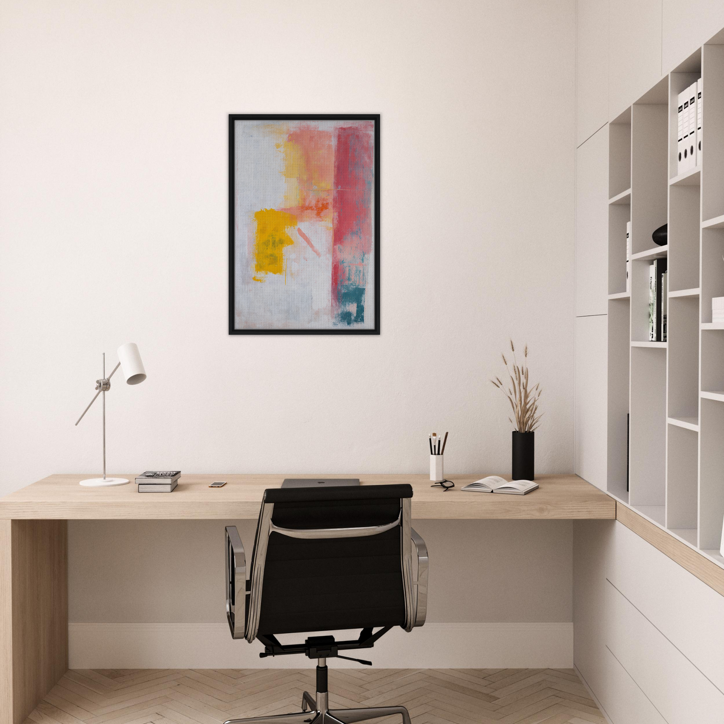 Minimalist home office workspace featuring Subconscious Symphony Hue framed canvas art