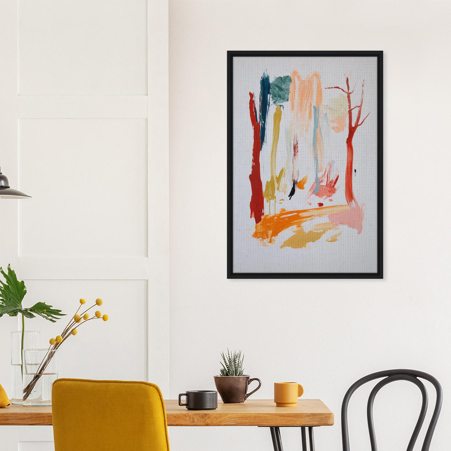 Abstract painting of colorful shapes resembling trees in Sunset Brush Revelry framed wall art