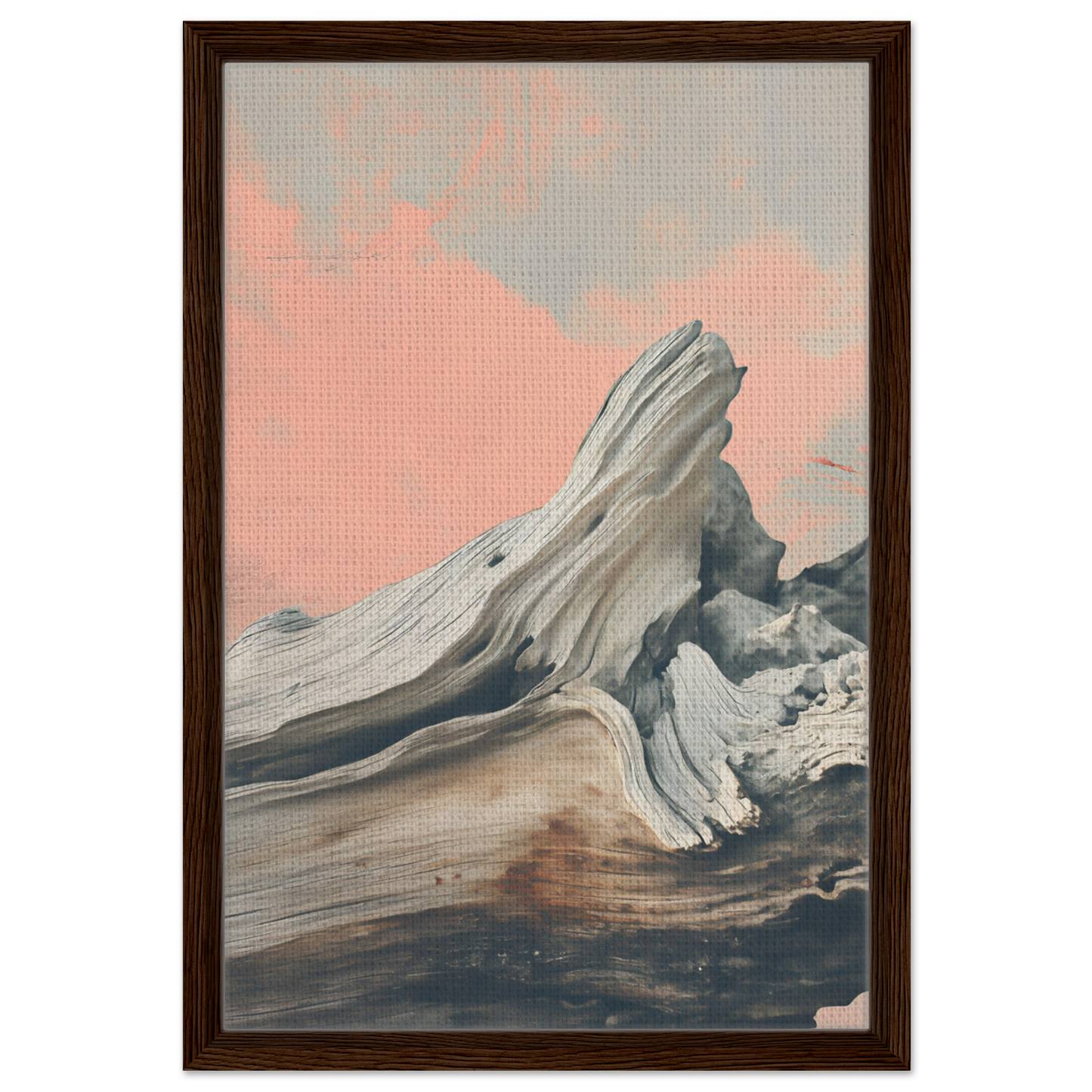 Weathered driftwood with smooth curves in Surreal Drift Entwinement framed canvas print