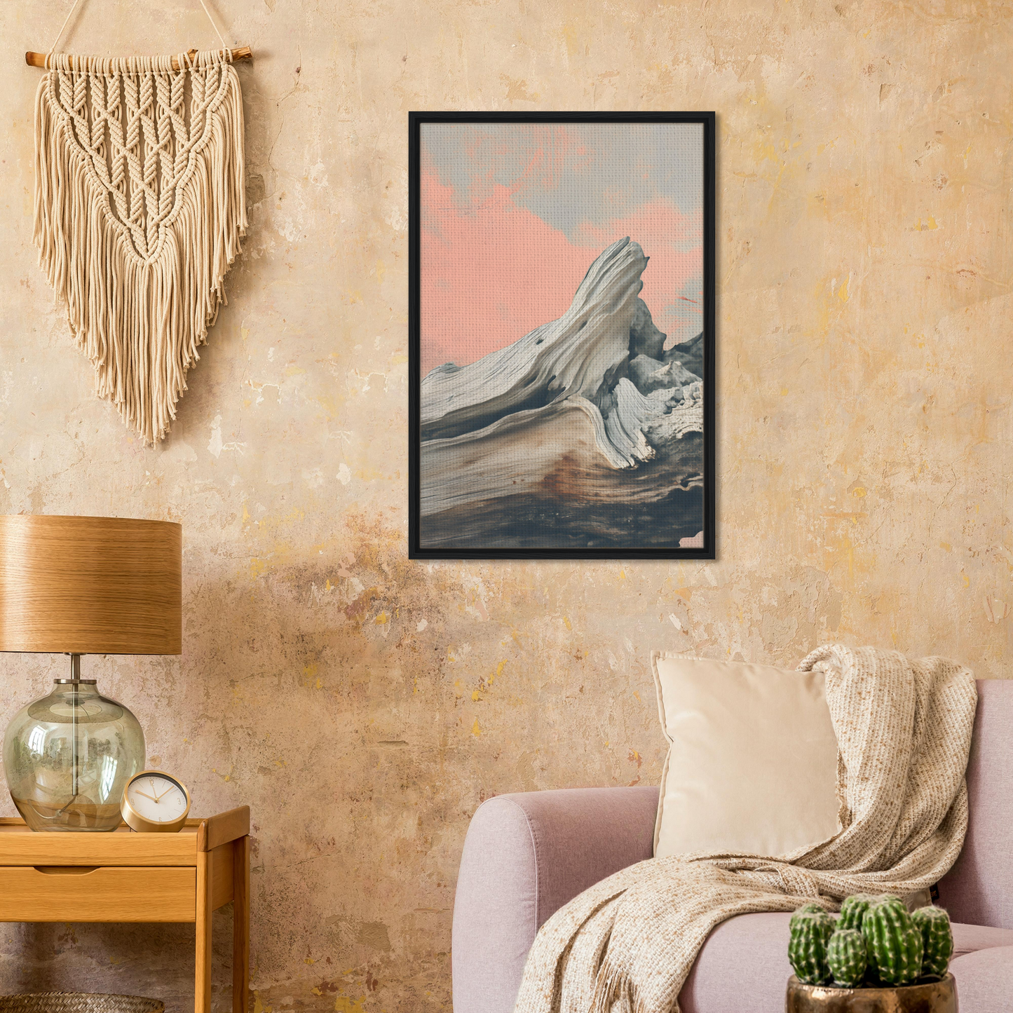 Framed canvas print of Surreal Drift Entwinement showcasing a rocky landscape and pink sky