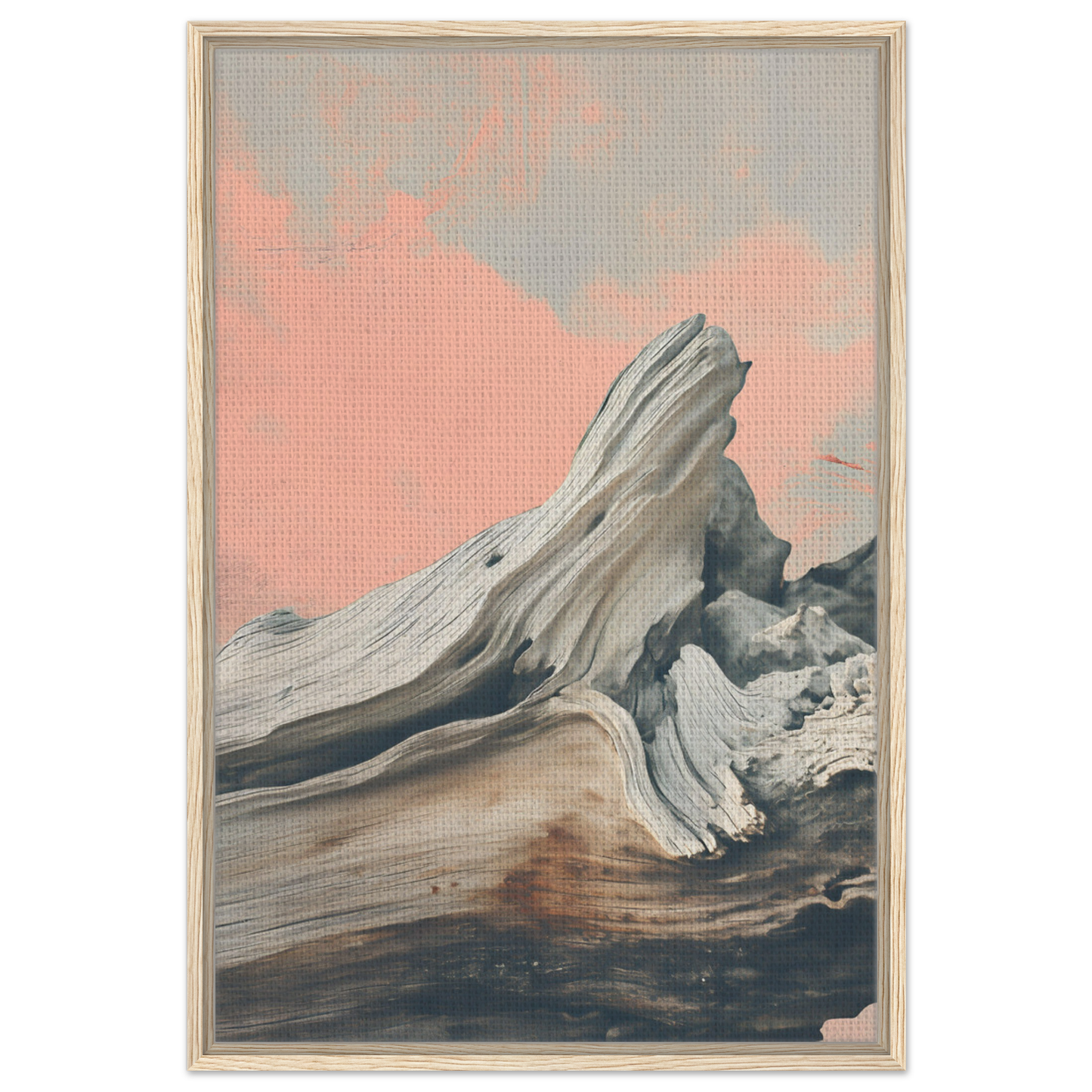 Surreal Drift Entwinement: Weathered driftwood silhouette against a pink sky in a framed canvas print