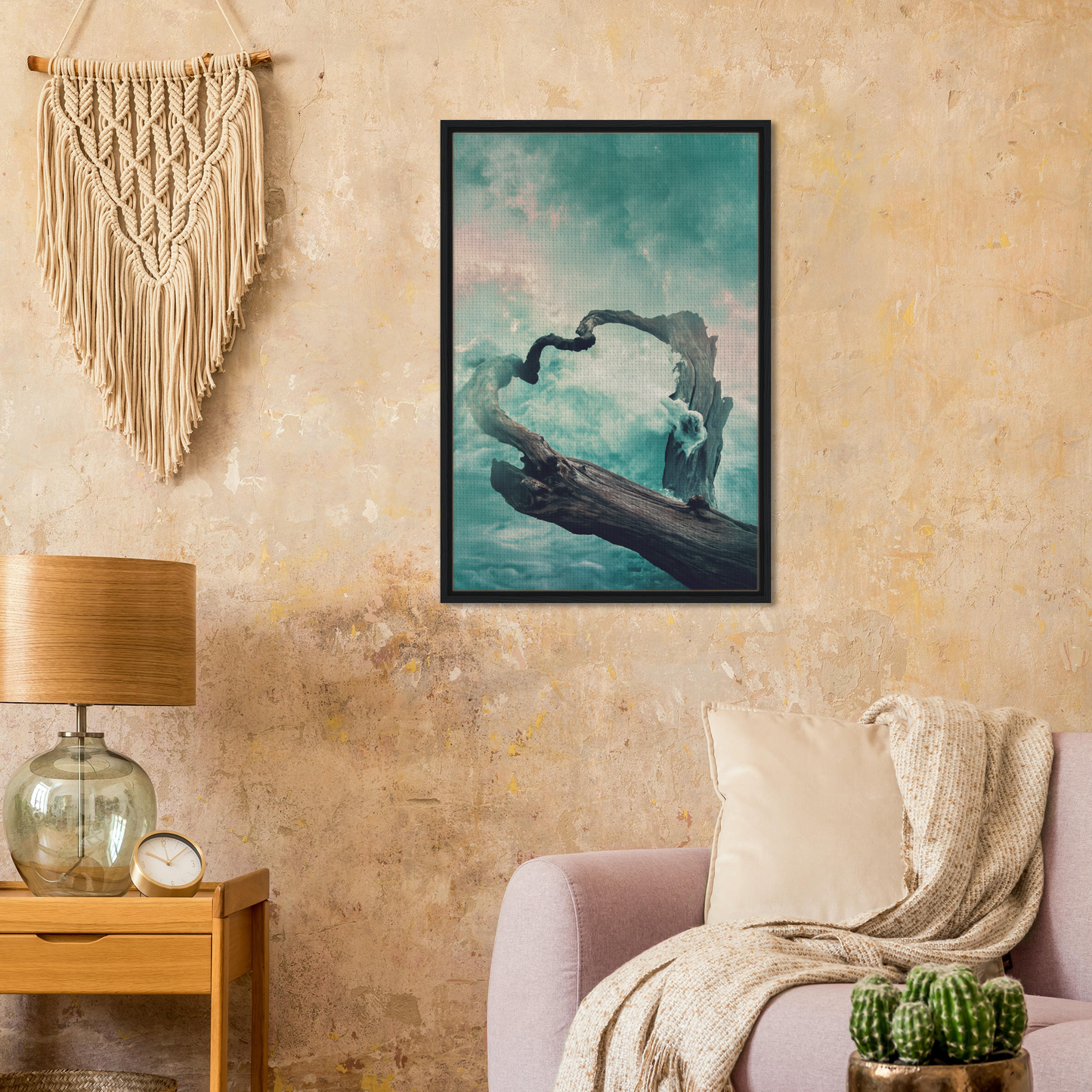 Framed canvas print of Surreal Drift Serenade featuring a figure emerging from water