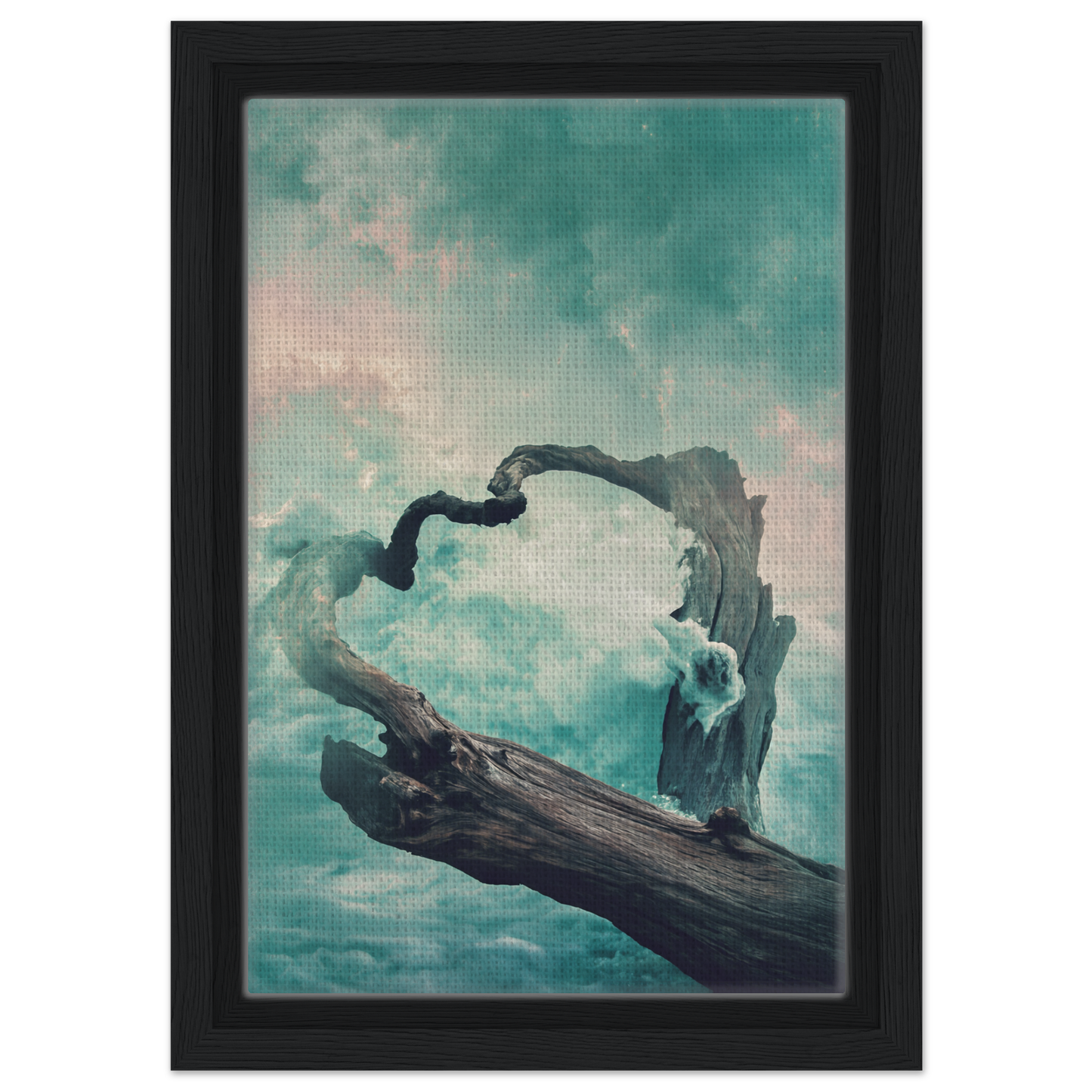 Surreal Drift Serenade features a twisted tree branch against a teal sky in a framed canvas print