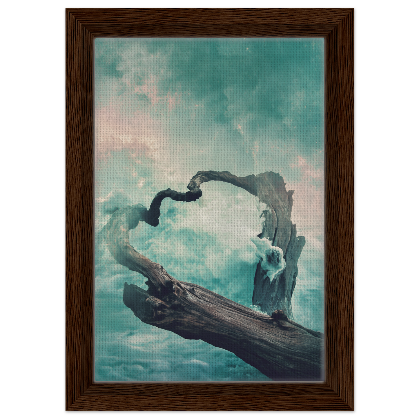 Twisted driftwood against a teal sky in Surreal Drift Serenade framed canvas wall decor