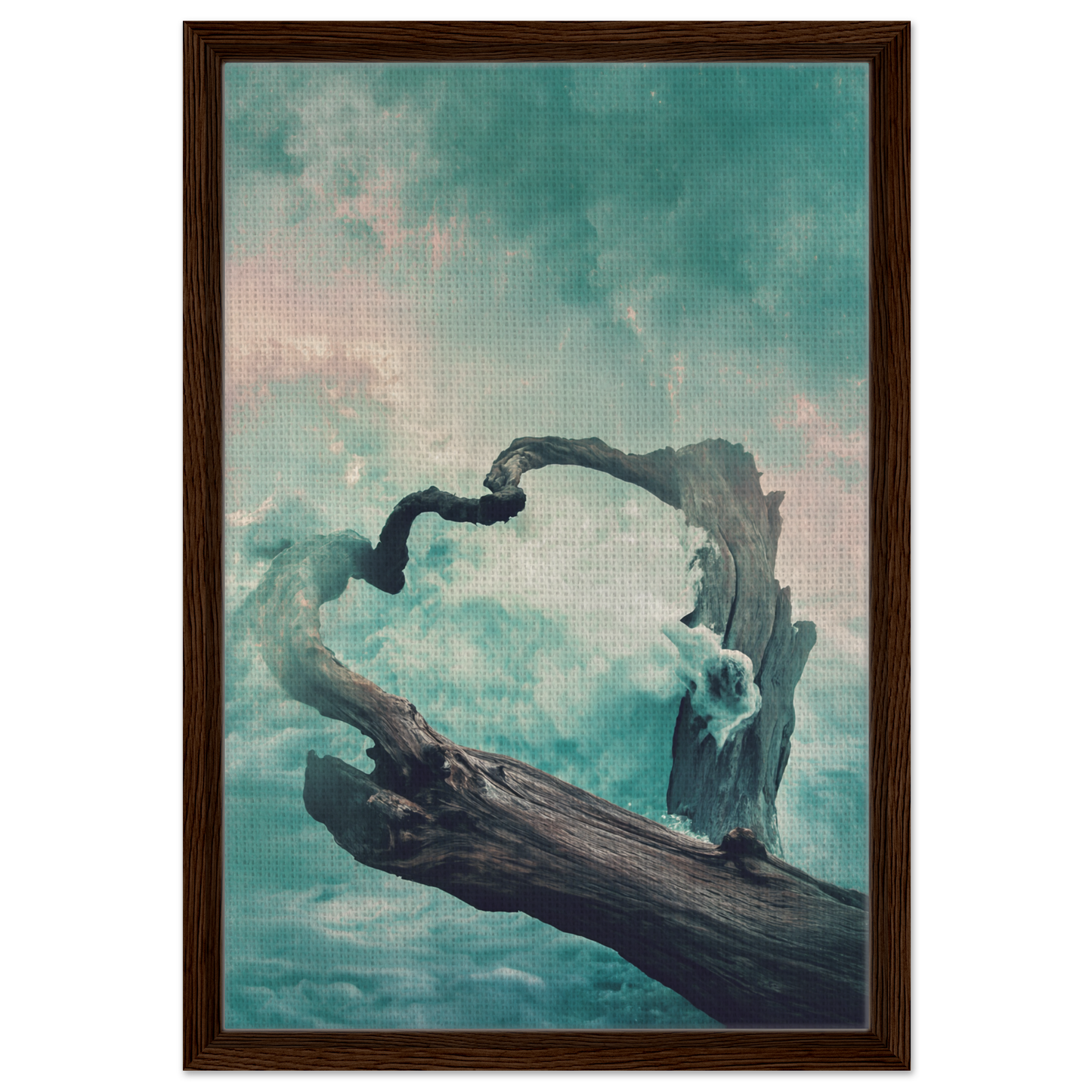 Twisted driftwood against a teal sky in Surreal Drift Serenade framed canvas print