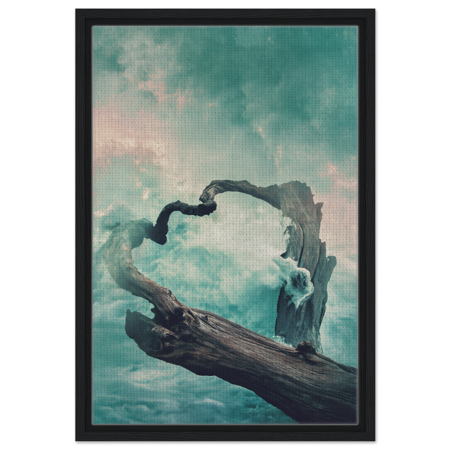 Twisted driftwood heart silhouette against clouds for Surreal Drift Serenade wall decor