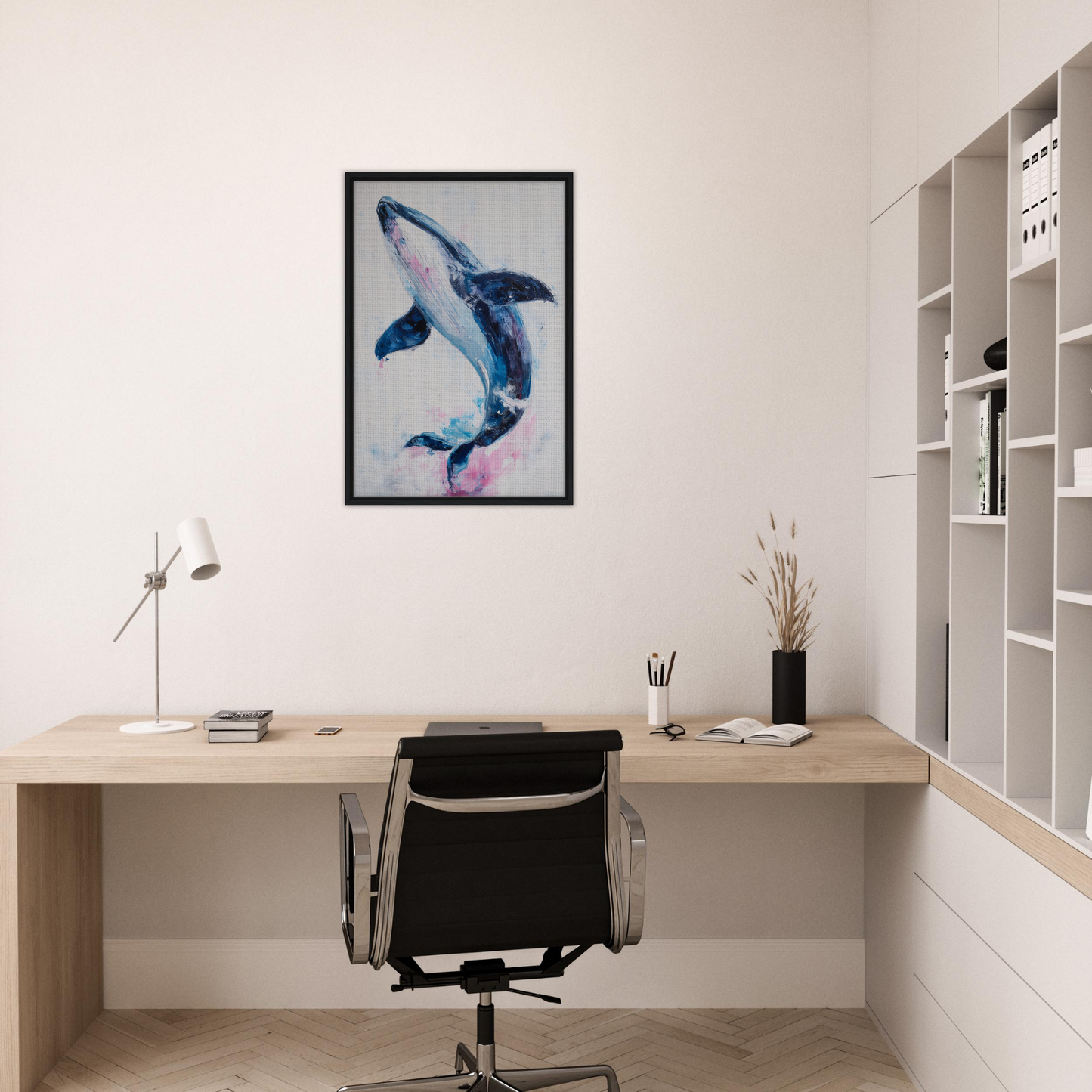Framed canvas print of a blue whale mid-leap in Surreal Humpback Harmonies