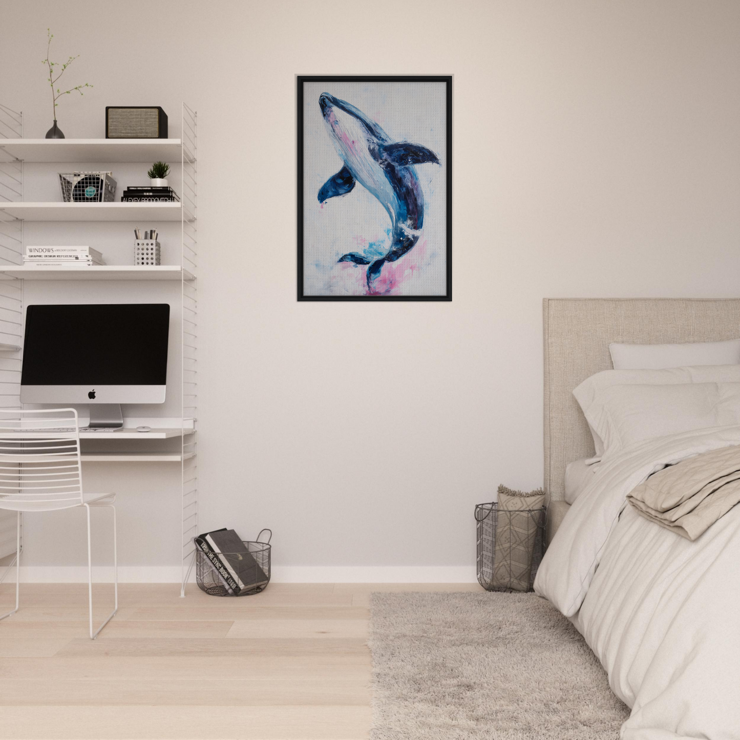 Framed watercolor painting of a whale in blue and purple for Surreal Humpback Harmonies room decor