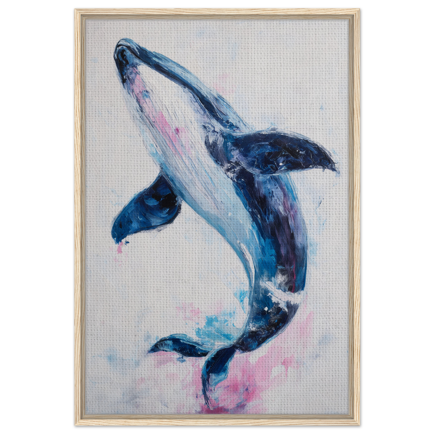 Humpback whale in blue and pink shades breaching water in Surreal Humpback Harmonies print