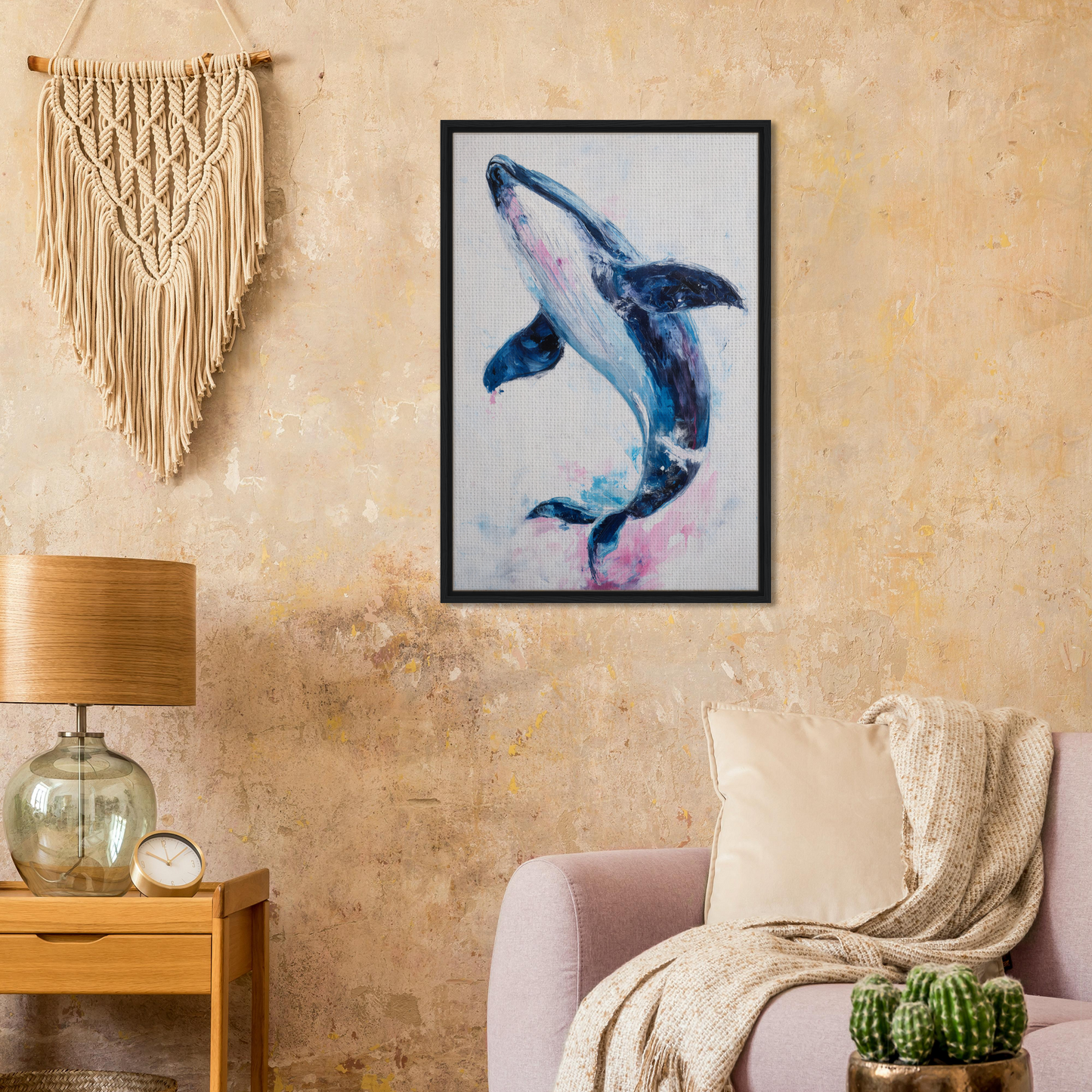 Framed watercolor painting of a leaping whale for Surreal Humpback Harmonies room decor