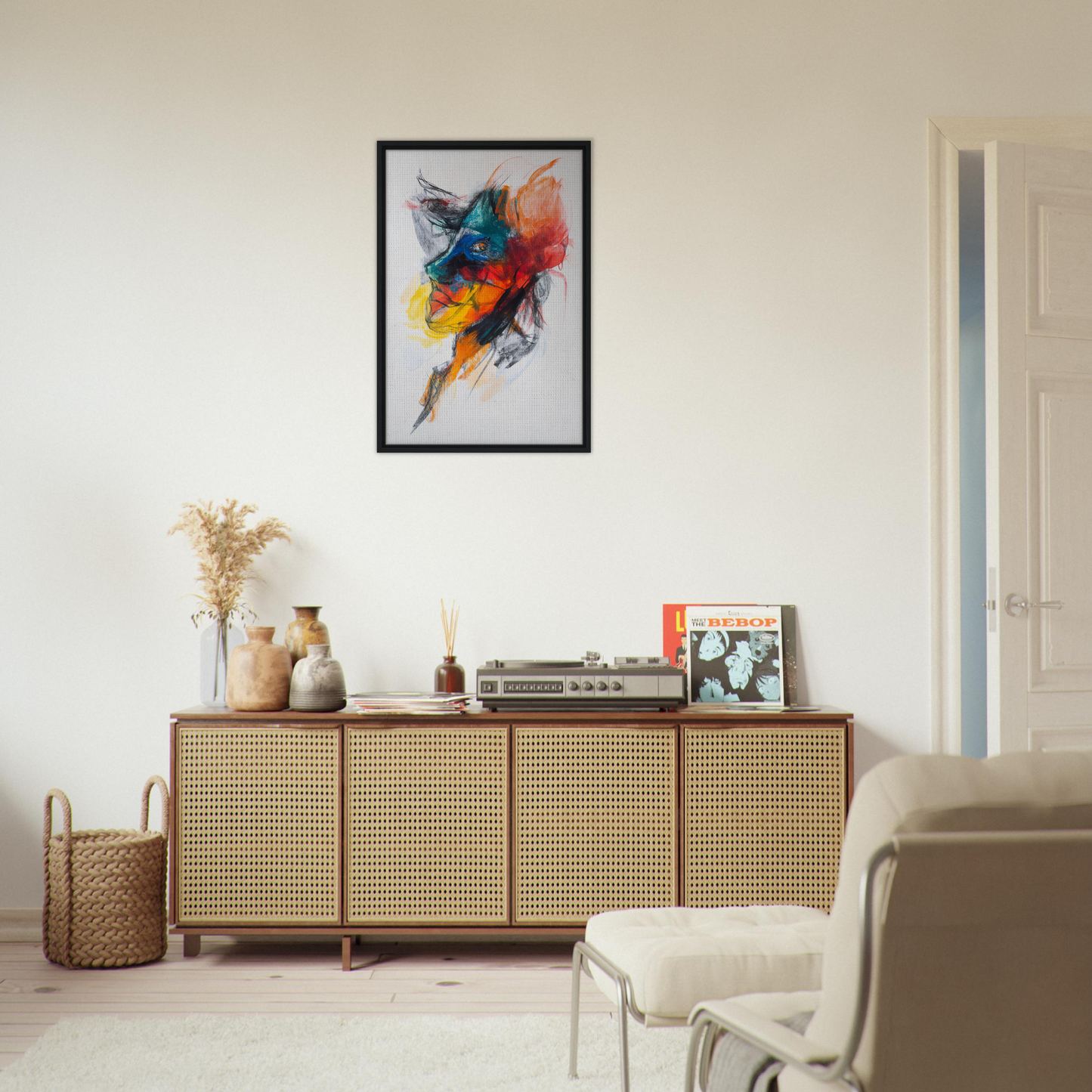 Wooden sideboard with cane-webbed doors and decor atop, ideal for Swirling Color Symphony