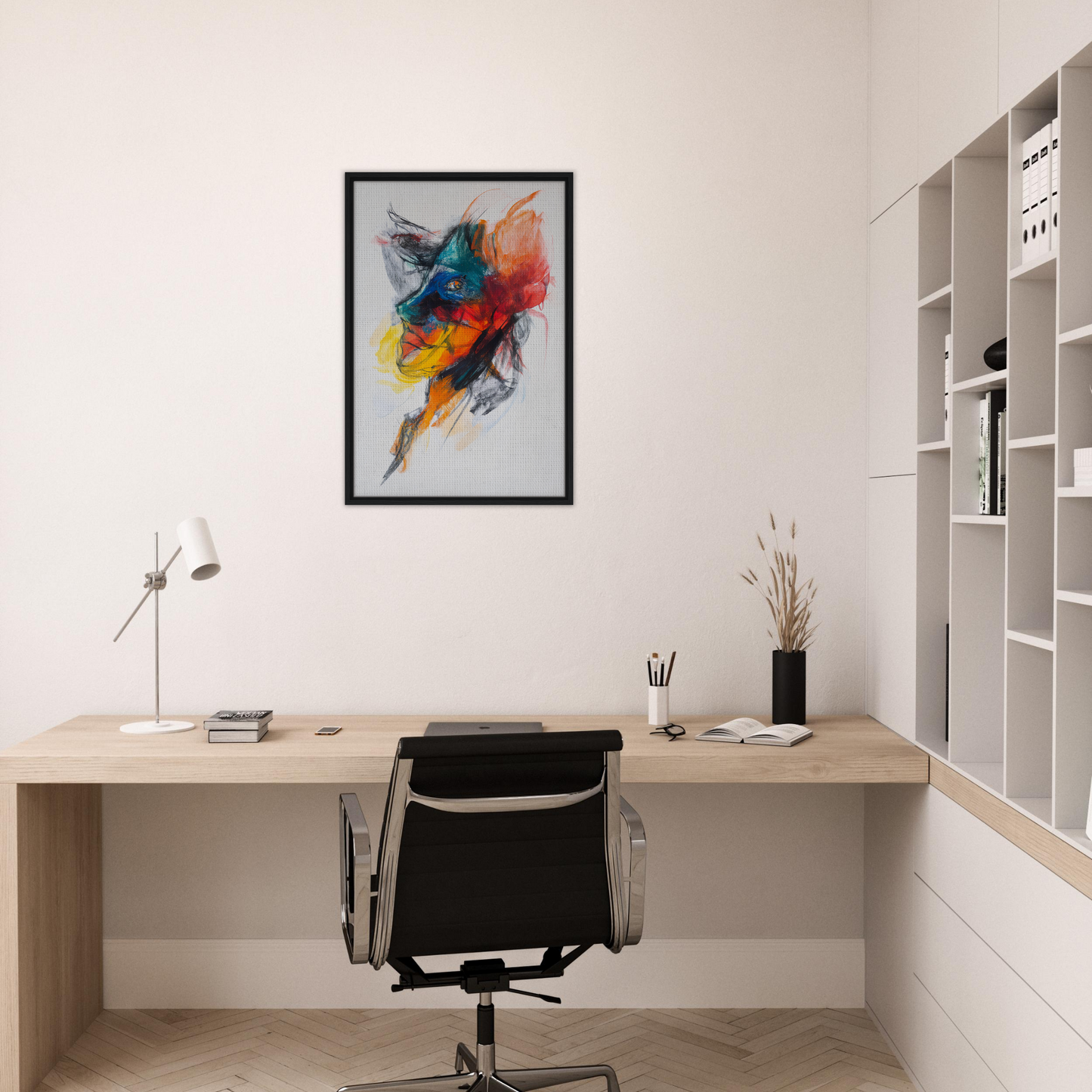 Minimalist home office showcasing Swirling Color Symphony framed canvas print on wall