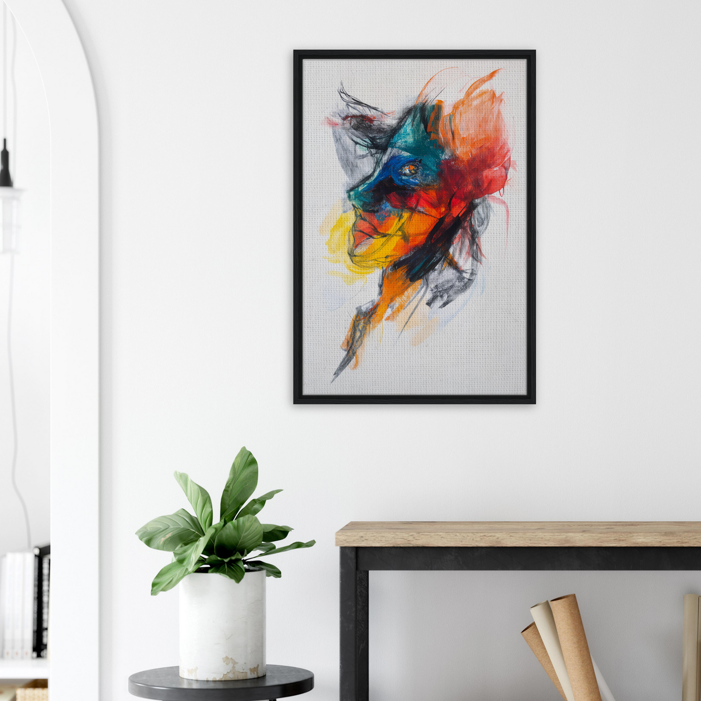 Colorful abstract cat face painting in black frame, Symphony Framed Canvas design