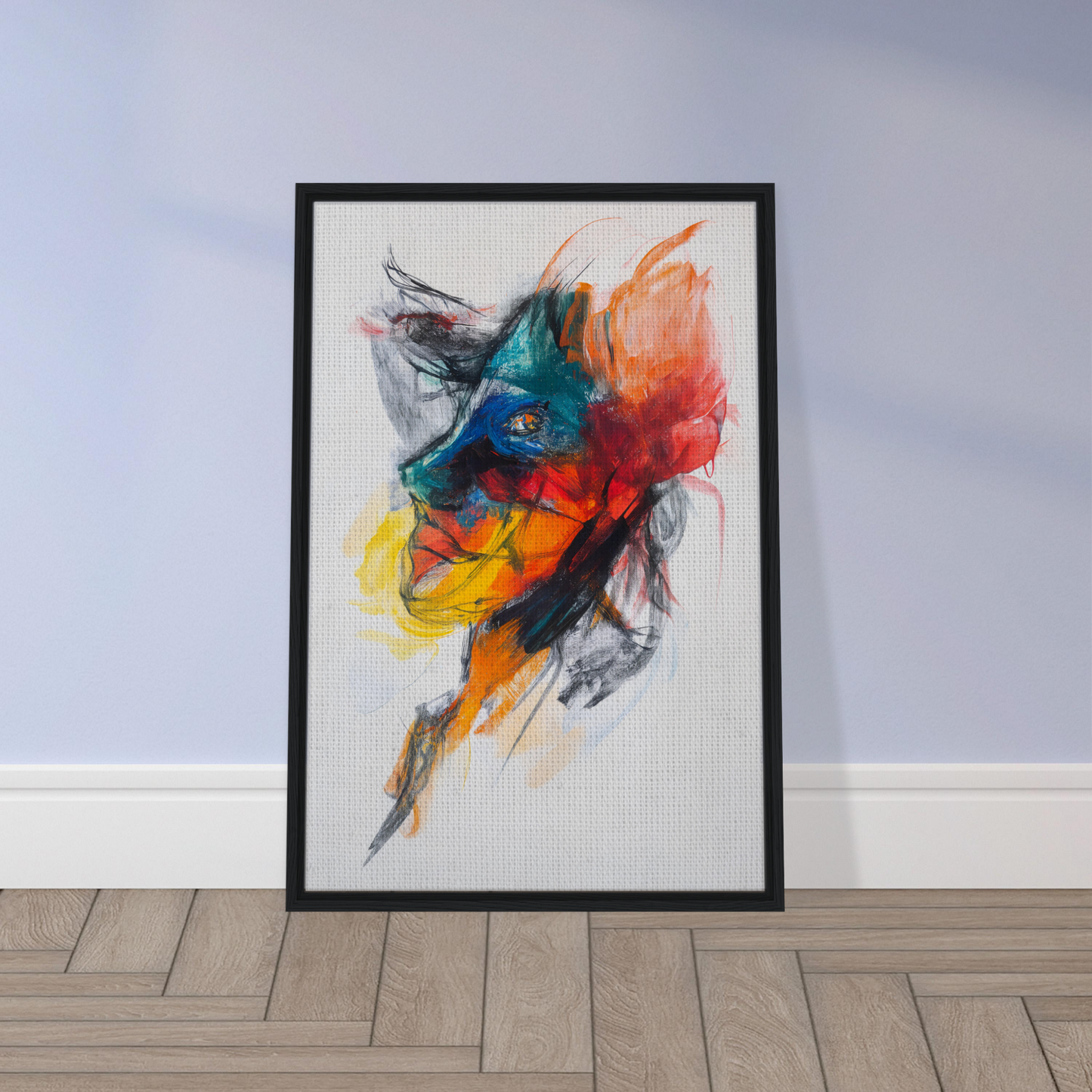 Colorful abstract portrait painting in a black frame, Swirling Color Symphony room decor
