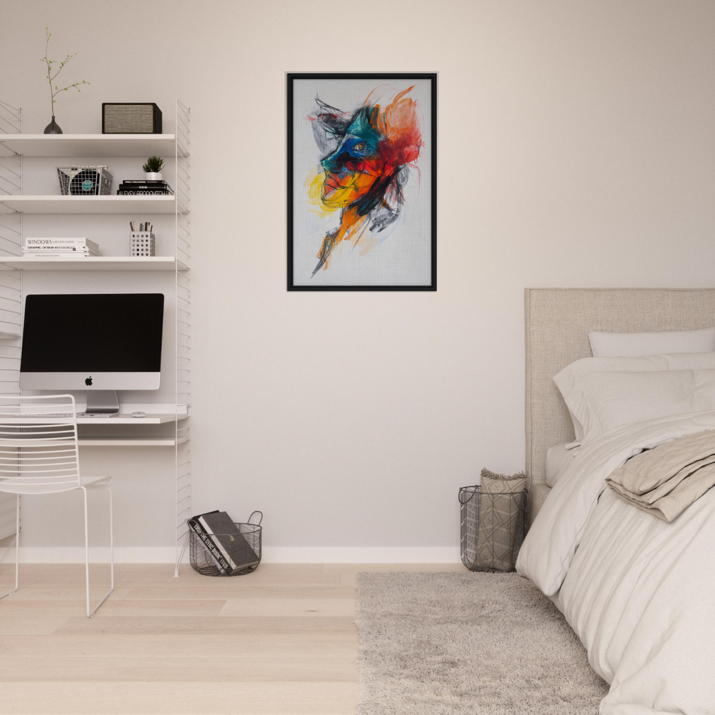 Vibrant abstract painting in black frame showcasing the Swirling Color Symphony design