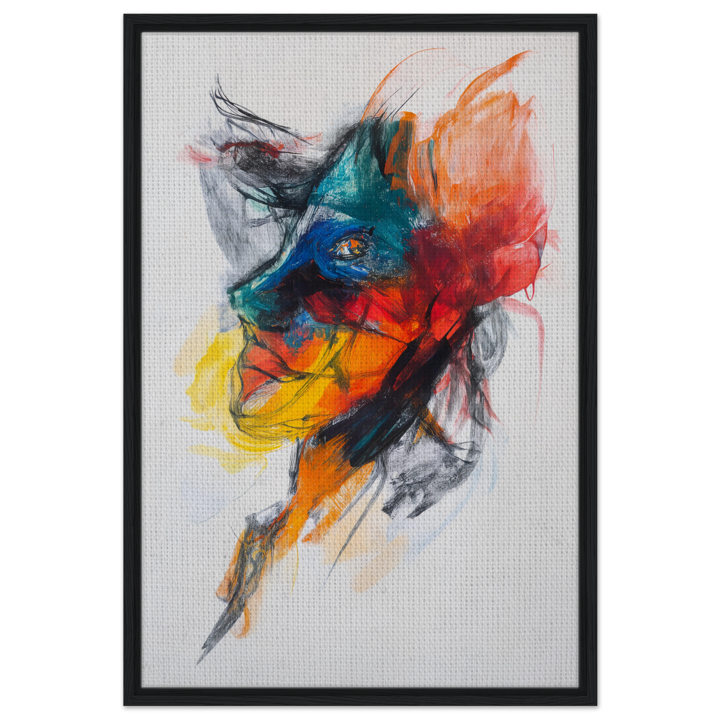 Vibrant abstract wolf head painting in Swirling Color Symphony framed canvas room decor