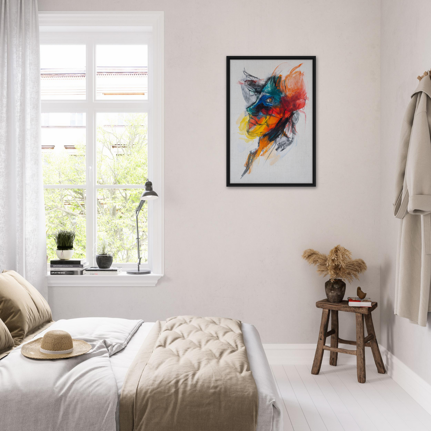 Bright abstract painting in a white frame, perfect for Swirling Color Symphony room decor