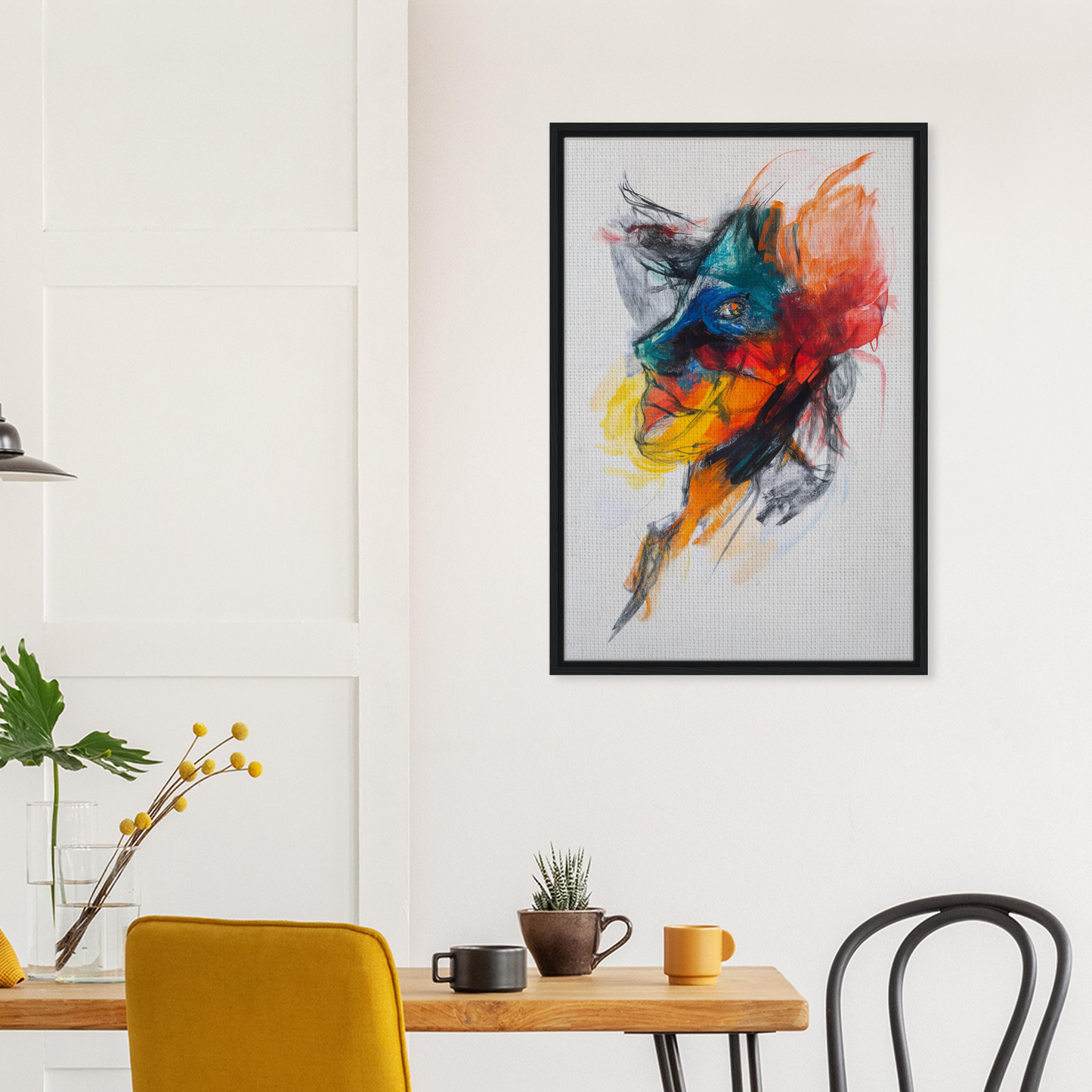 Colorful abstract painting of a face in a black frame for Swirling Color Symphony room decor
