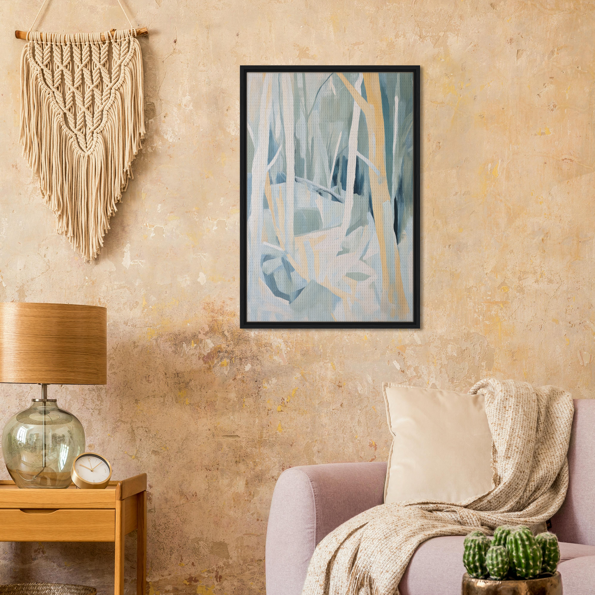 Framed abstract painting of a winter forest, perfect for Sylvan Blues Embrace room decor
