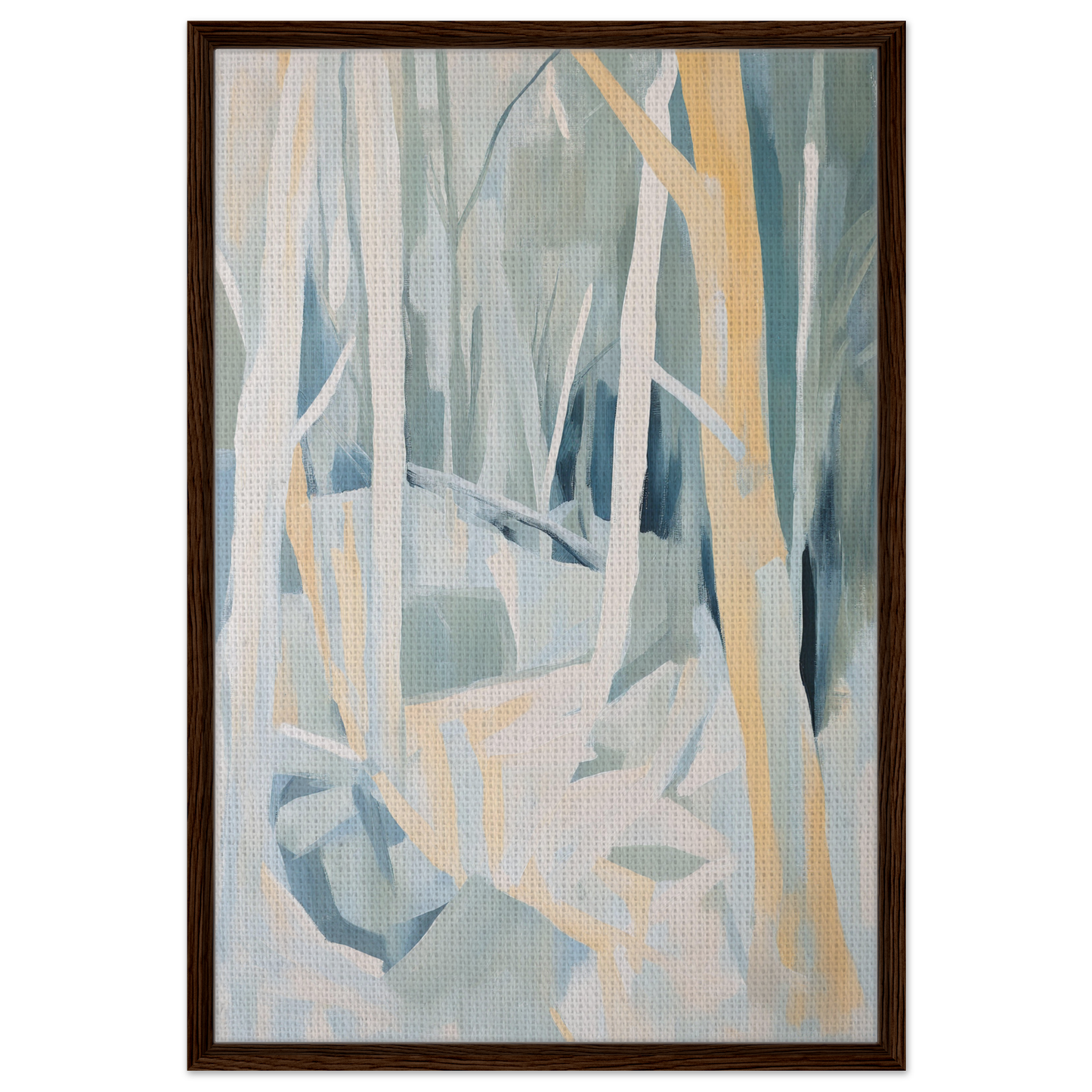 Abstract painting in muted blue, white, and yellow tones from Sylvan Blues Embrace collection