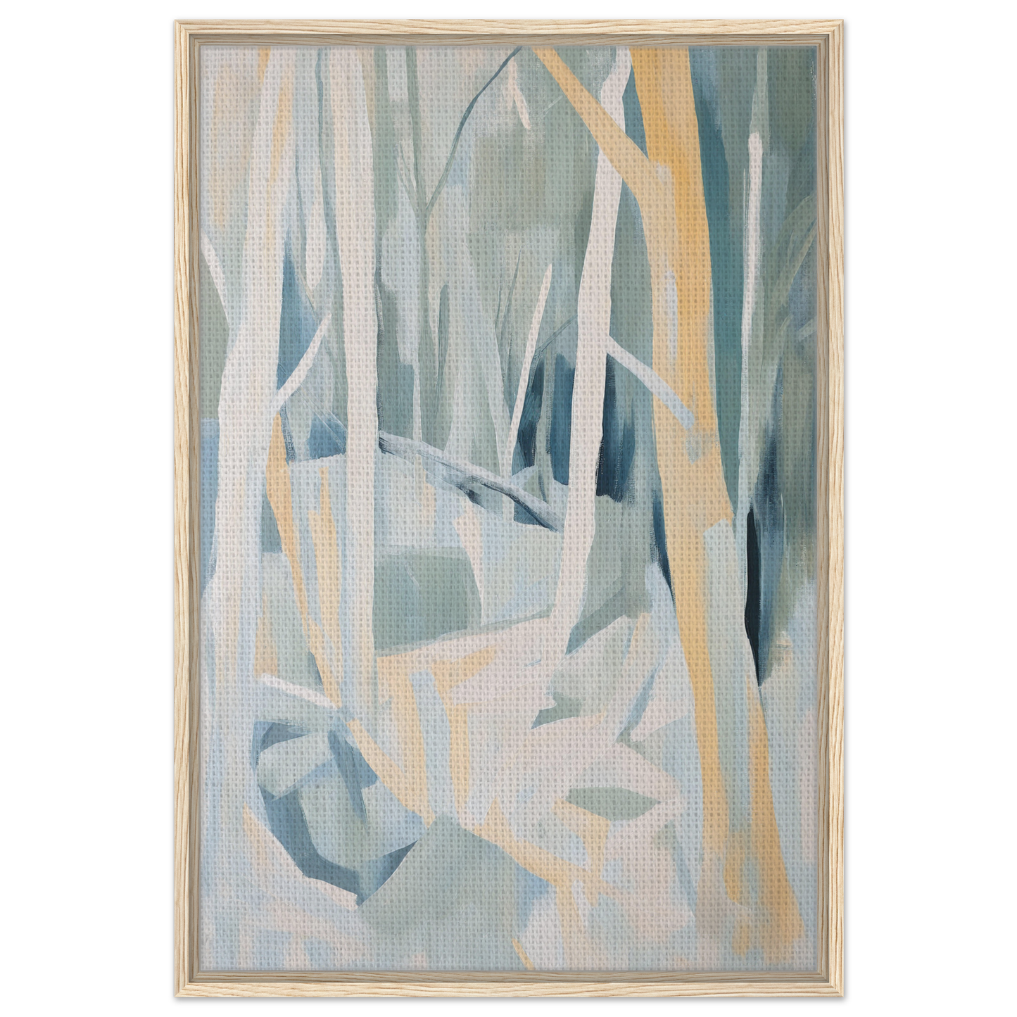 Abstract painting of muted pastel shapes evoking tree trunks in Sylvan Blues Embrace