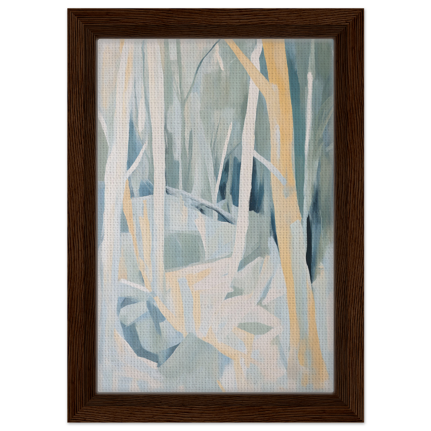 Abstract painting with muted blue, gray, and beige tones from Sylvan Blues Embrace framed canvas print