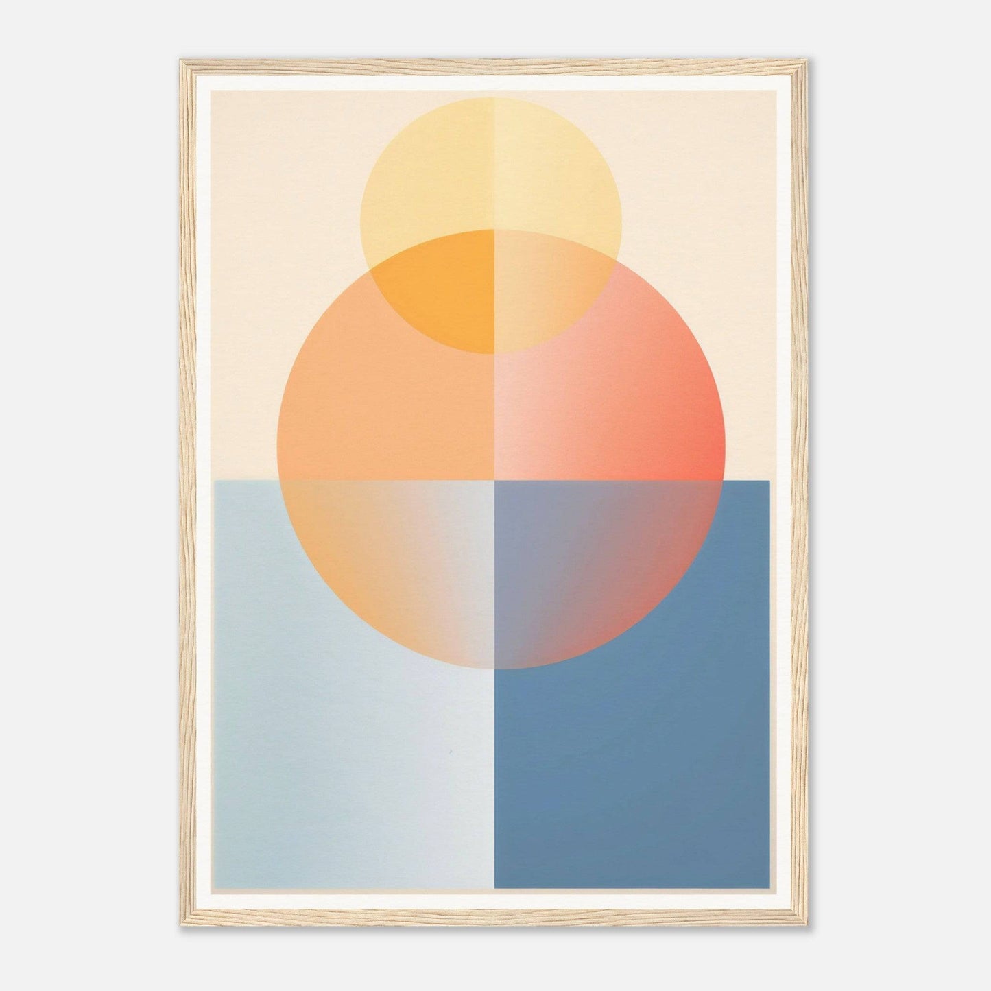 Abstract geometric composition featuring overlapping circles and rectangles in pastel colors.