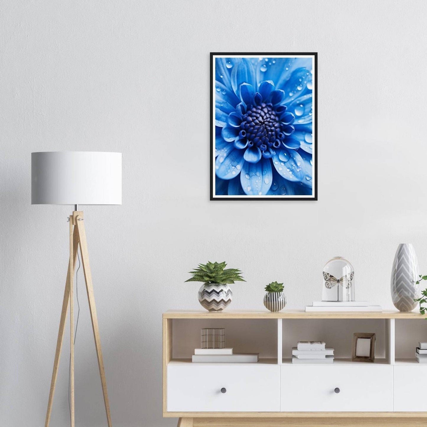 Framed close-up photograph of a vibrant blue flower with intricate petals.