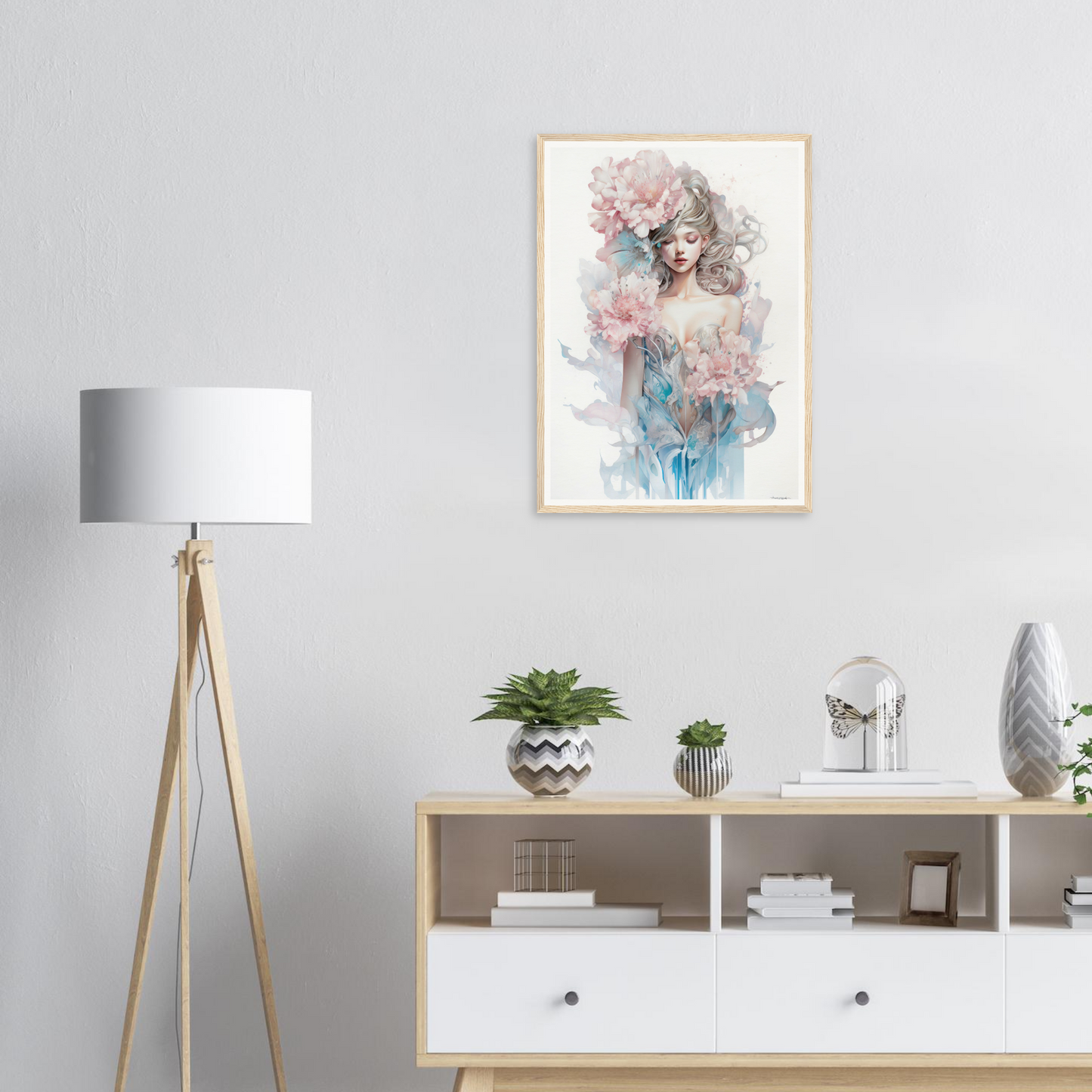 Framed watercolor-style portrait featuring soft pastel hues and ethereal feminine imagery.