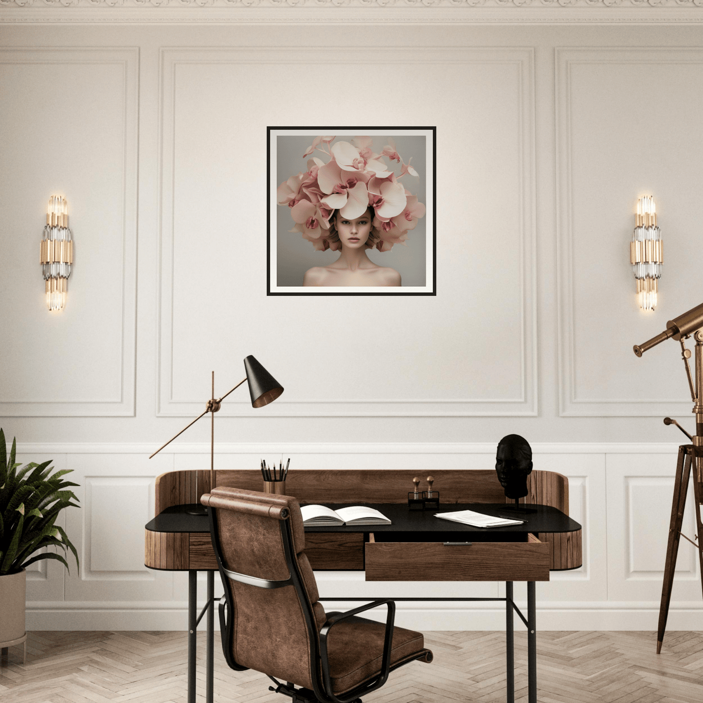 Elegant home office desk with a leather chair and decorative wall art above.