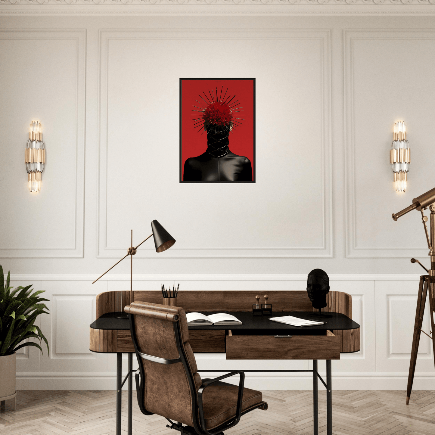 Stylish home office desk with a leather chair and decorative artwork on the wall above.