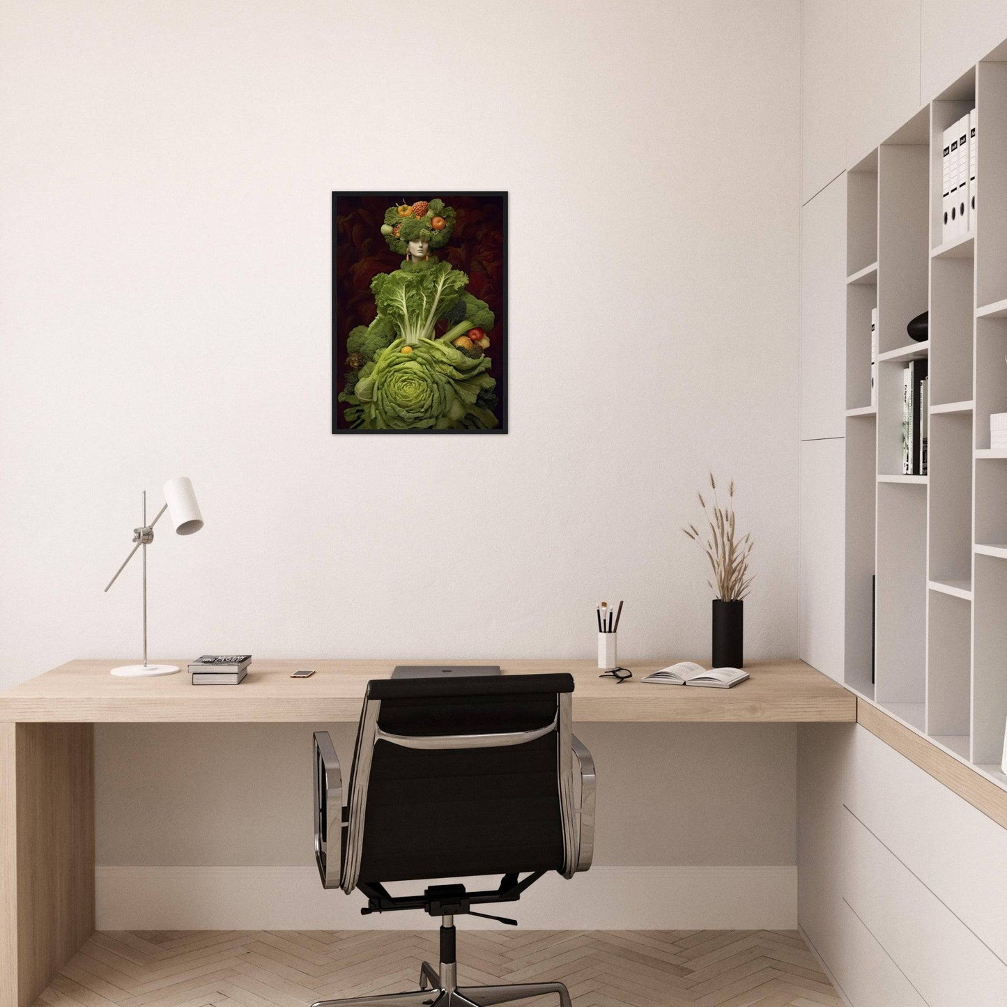 Minimalist home office workspace with a wooden desk, black chair, and unique vegetable-inspired artwork on the wall.