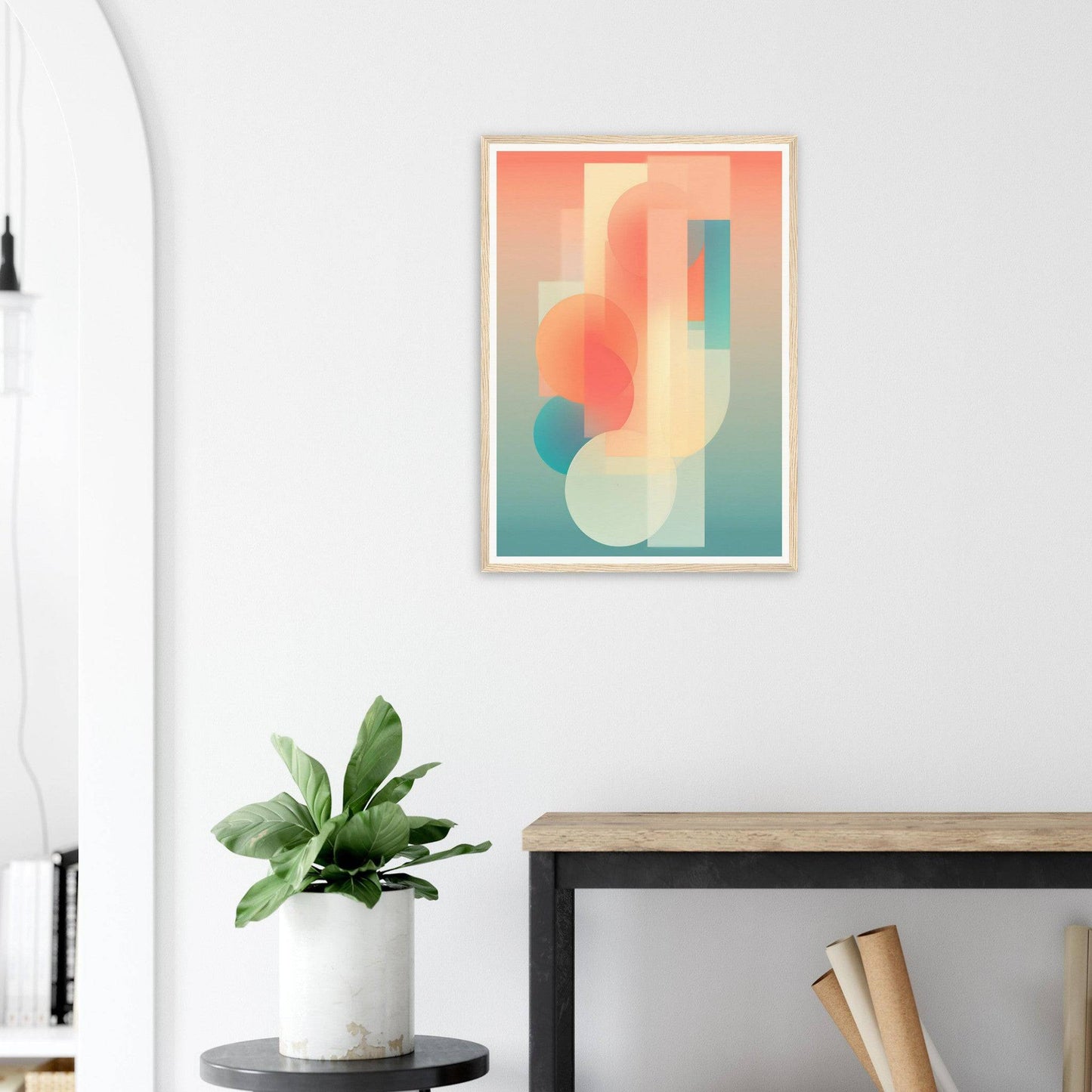 Abstract geometric art print featuring soft pastel shapes in orange, pink, and teal.