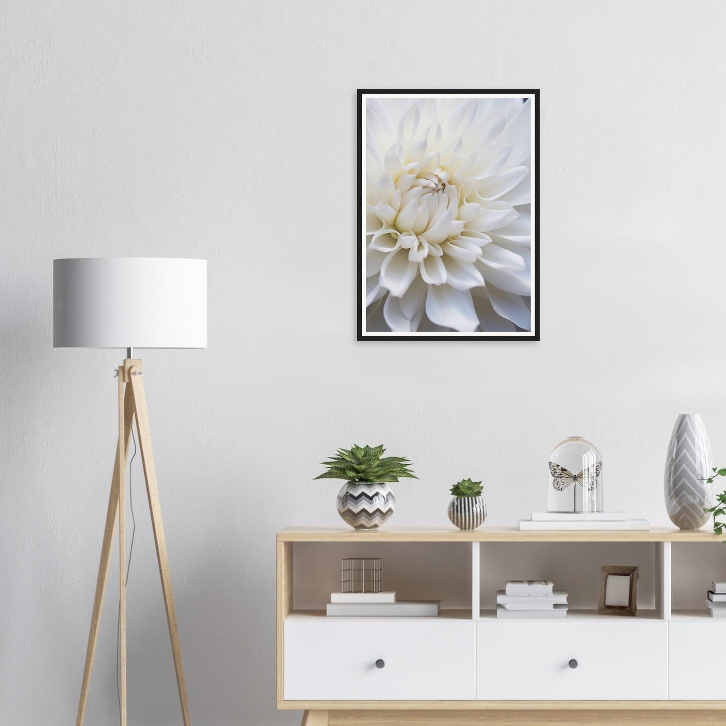 Framed photograph of a white dahlia flower in close-up.