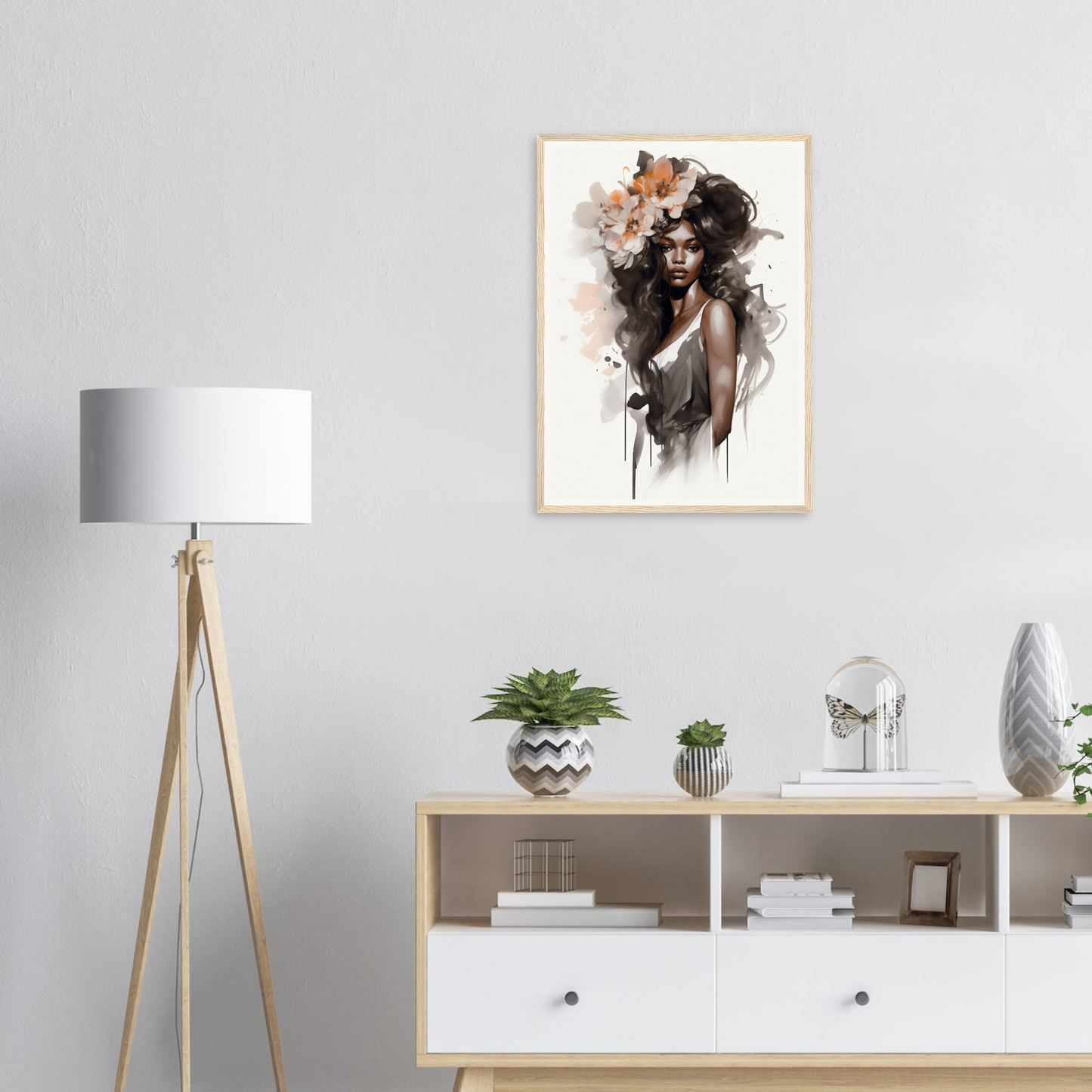 Framed artistic portrait of a woman with floral elements and a watercolor-style aesthetic.