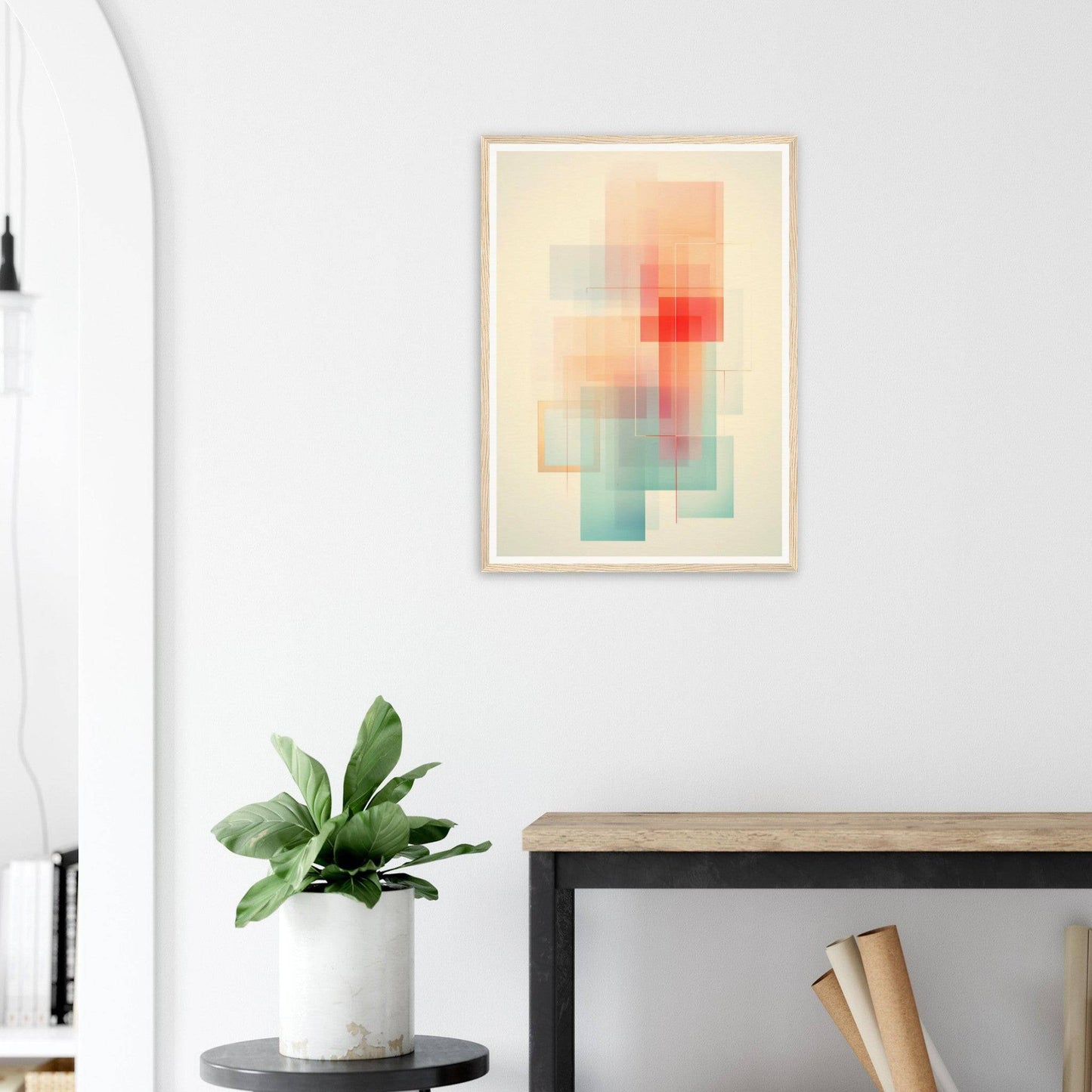 Abstract geometric artwork featuring soft pastel colors in rectangular shapes.