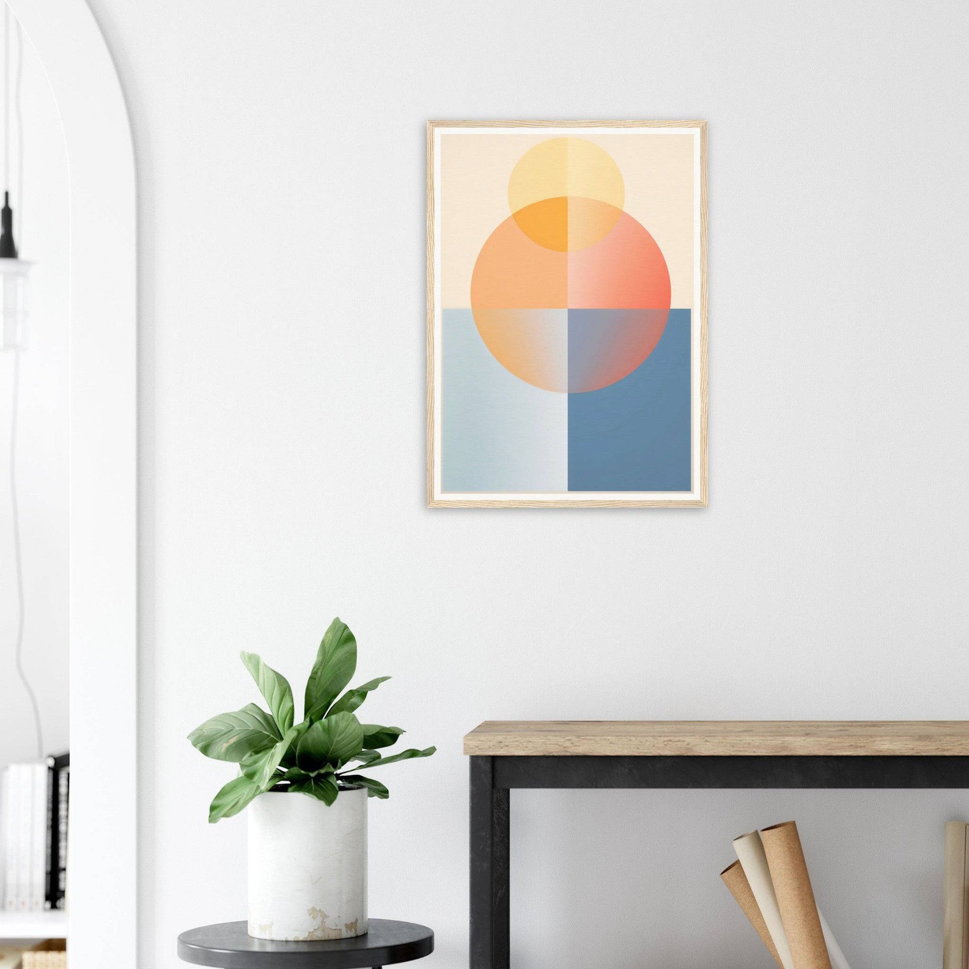 Abstract geometric artwork featuring overlapping circles and rectangles in pastel colors.