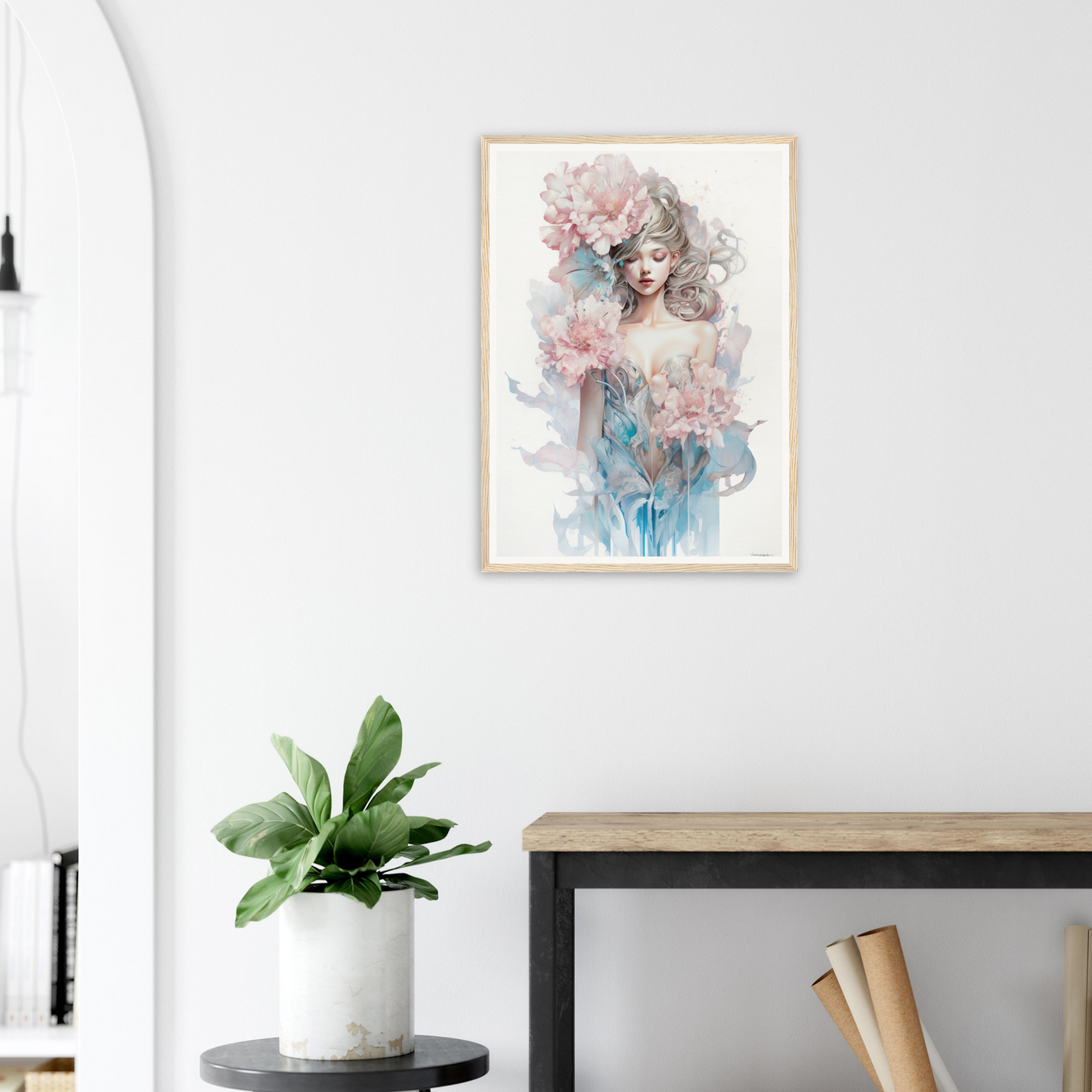 Framed watercolor-style portrait of a woman with floral and abstract elements.