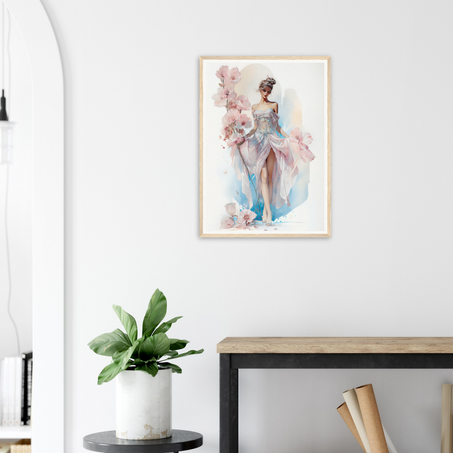 Framed watercolor painting of an elegant woman in a flowing blue gown with pink floral accents.